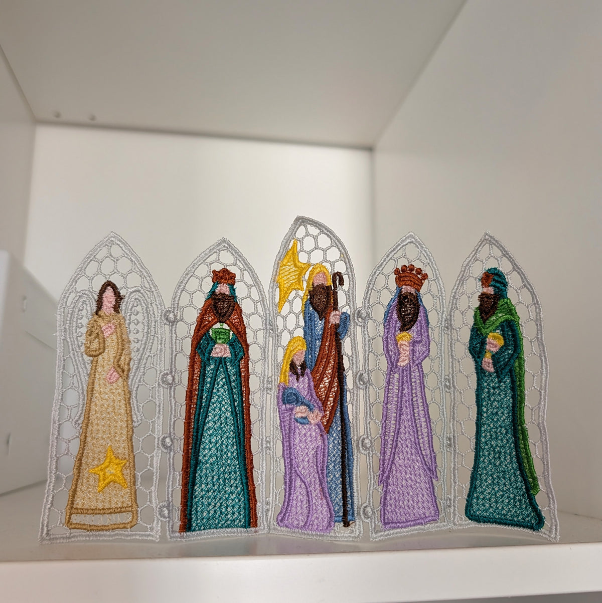 Nativity Lace Screen decoration, machine embroidered freestanding lace
