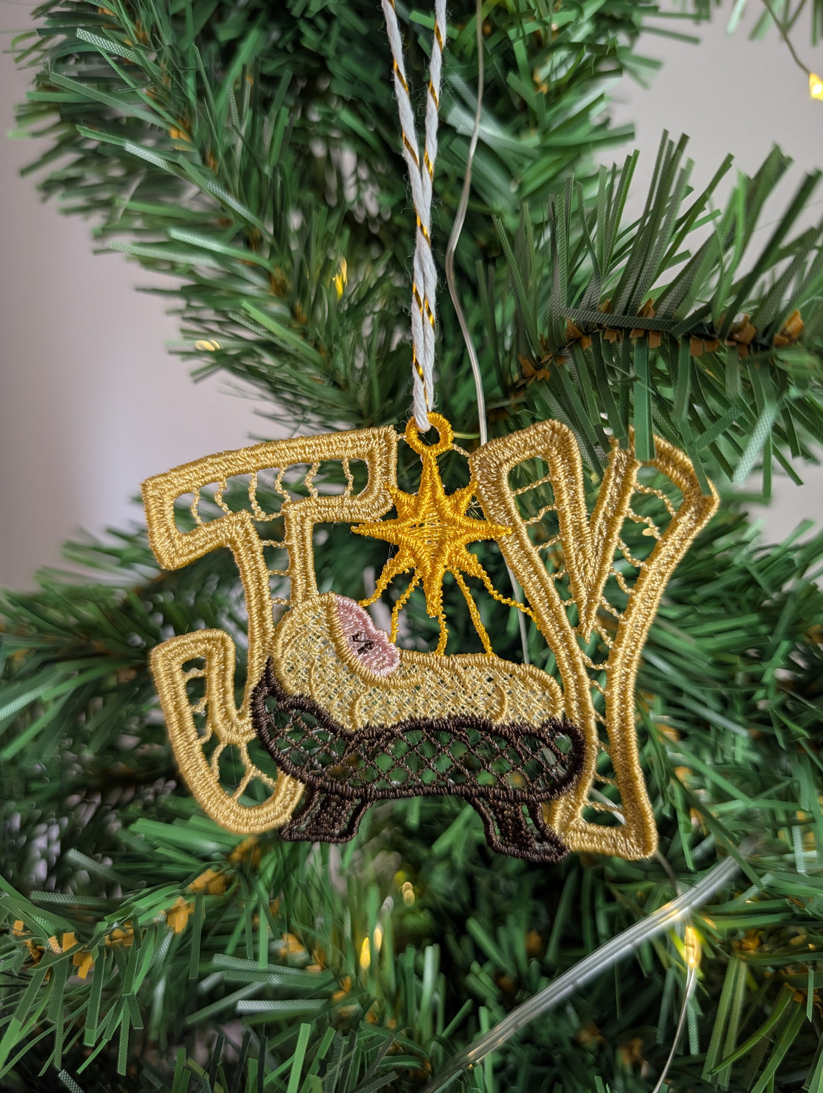 Hanging Joy lace Christmas decoration, freestanding Christian decor