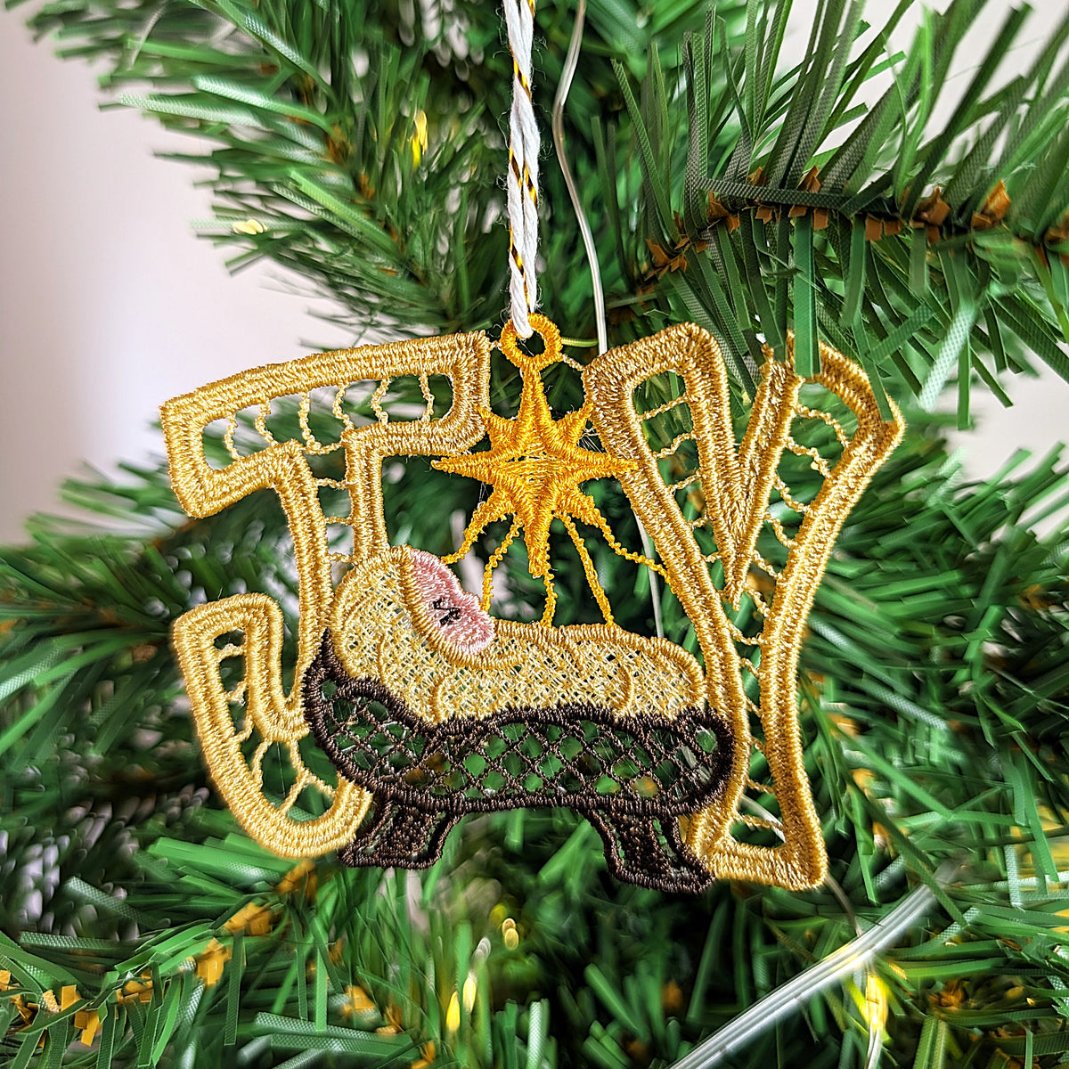 Hanging Joy lace Christmas decoration, freestanding Christian decor