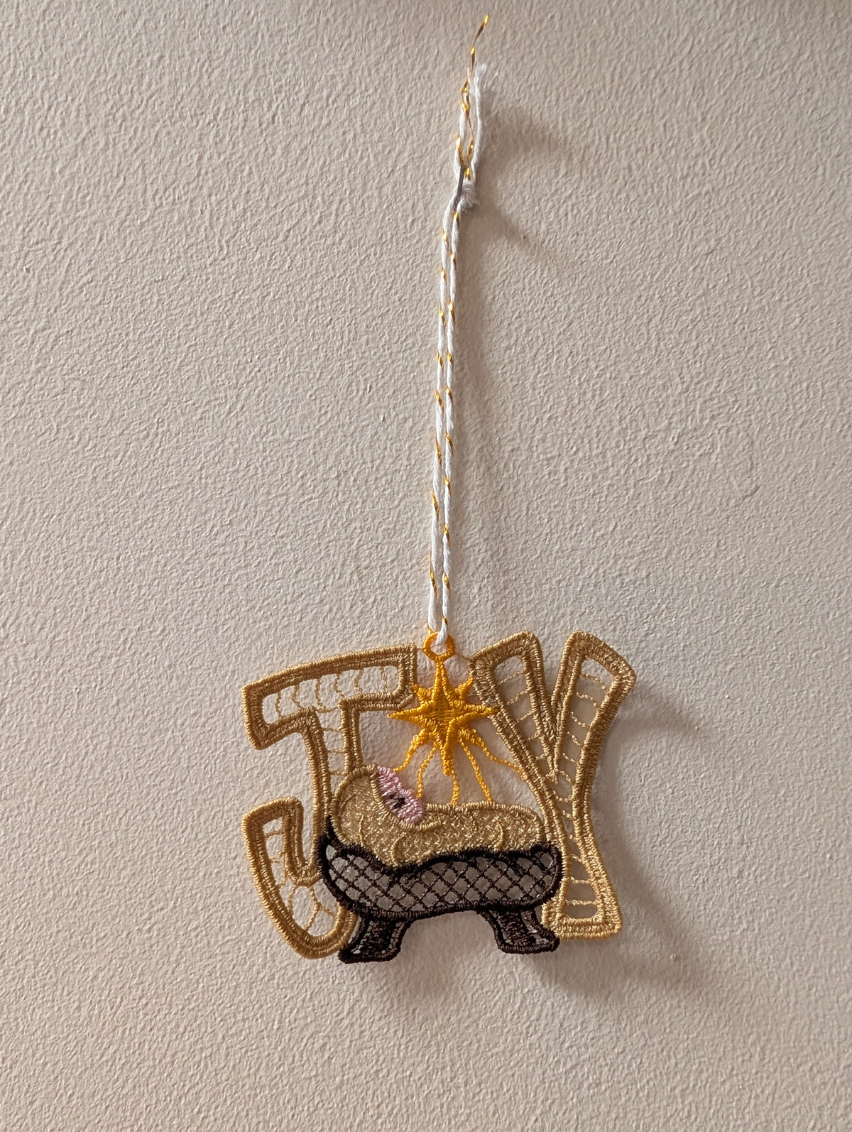 Hanging Joy lace Christmas decoration, freestanding Christian decor
