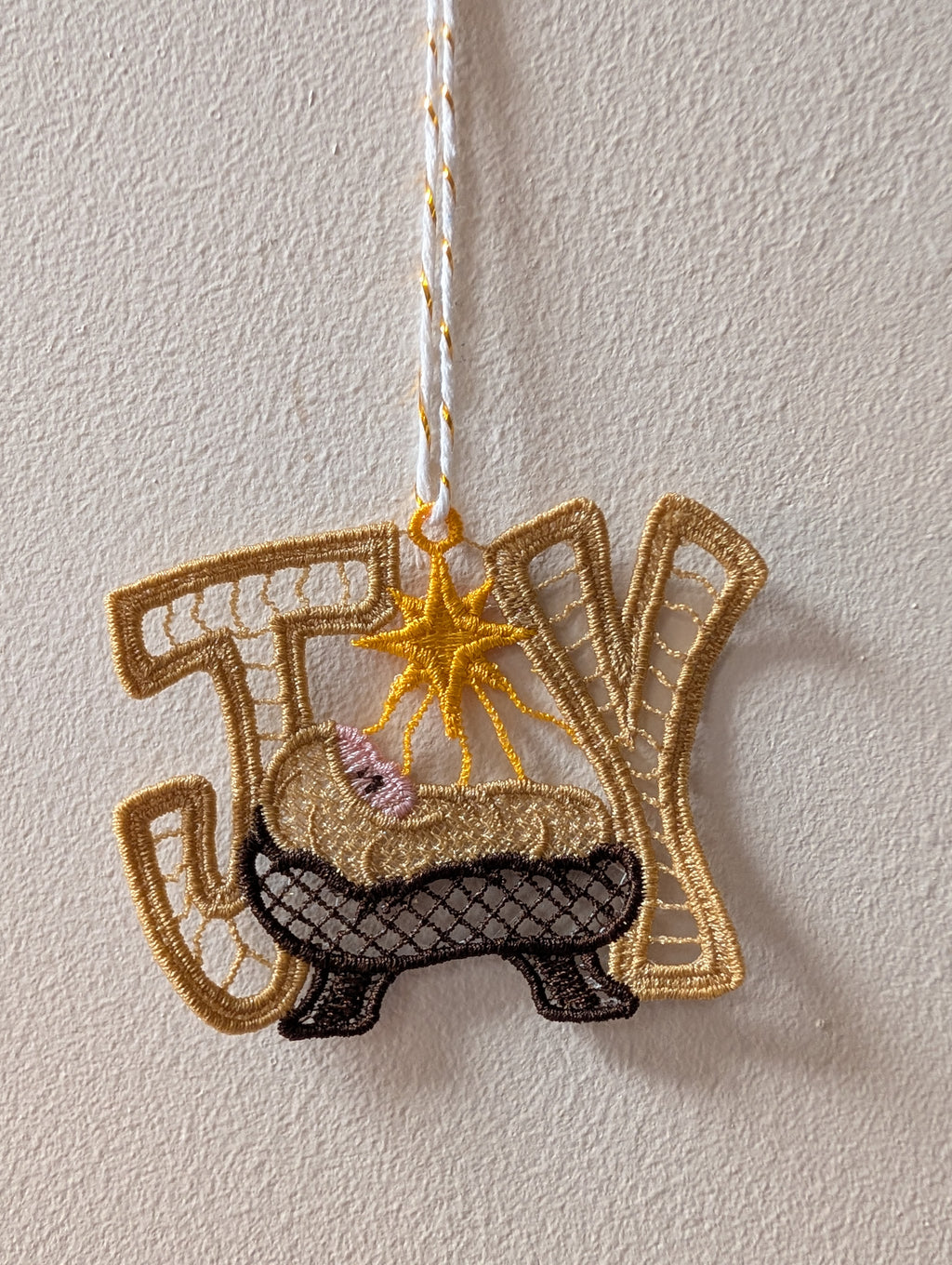 Hanging Joy lace Christmas decoration, freestanding Christian decor