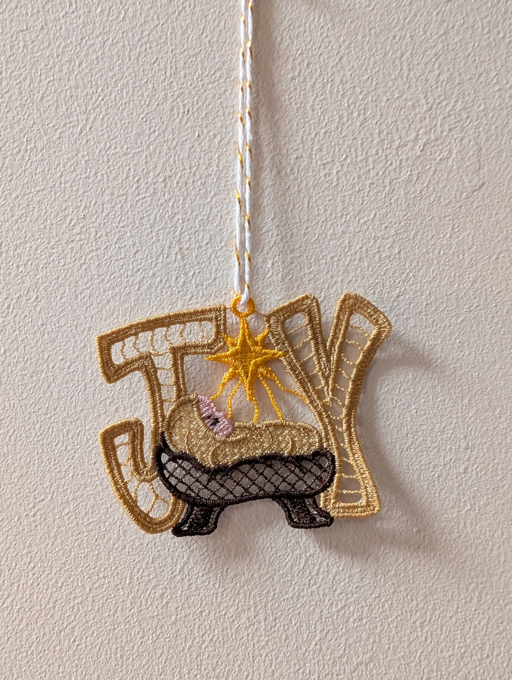 Hanging Joy lace Christmas decoration, freestanding Christian decor