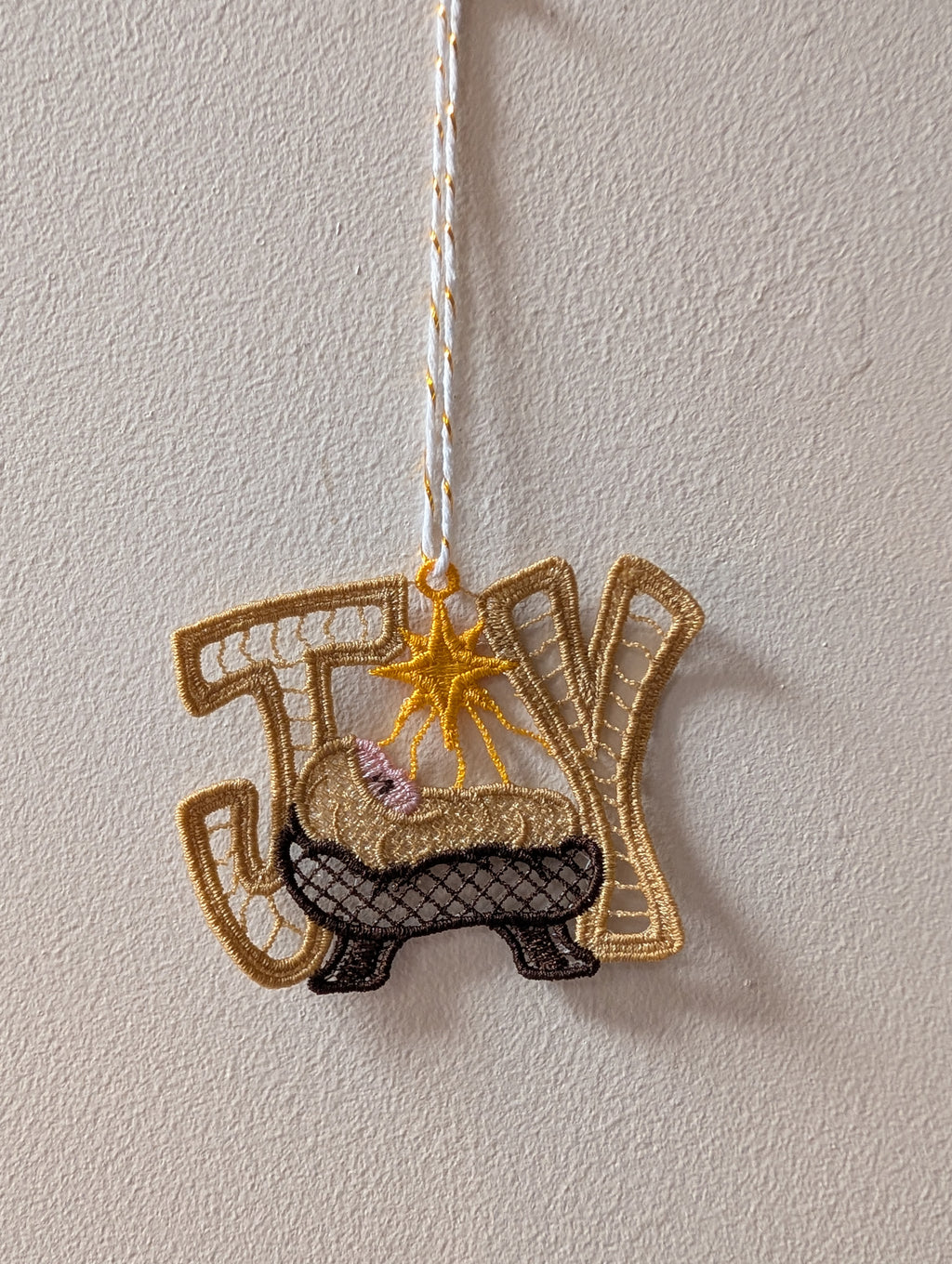 Hanging Joy lace Christmas decoration, freestanding Christian decor
