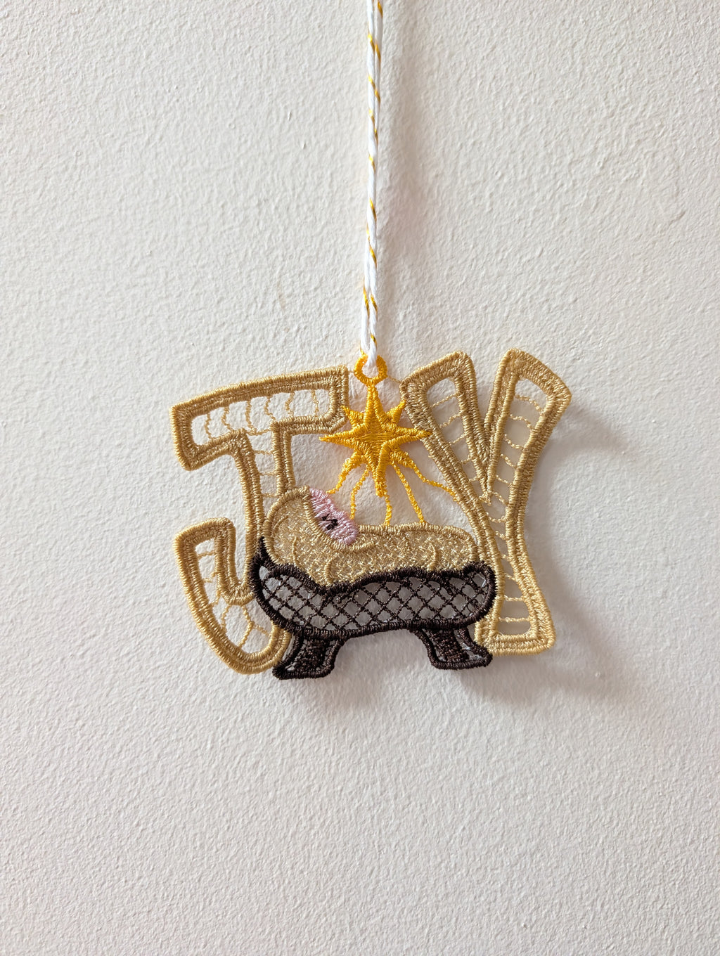 Hanging Joy lace Christmas decoration, freestanding Christian decor