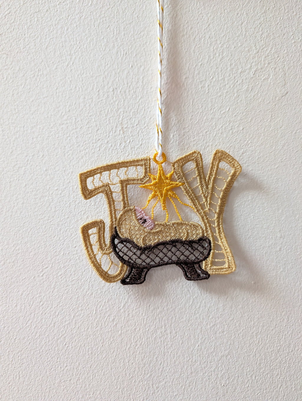 Hanging Joy lace Christmas decoration, freestanding Christian decor