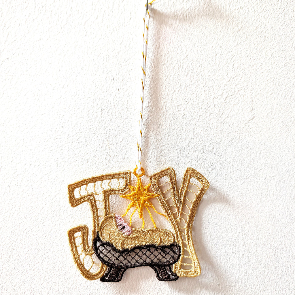 Hanging Joy lace Christmas decoration, freestanding Christian decor
