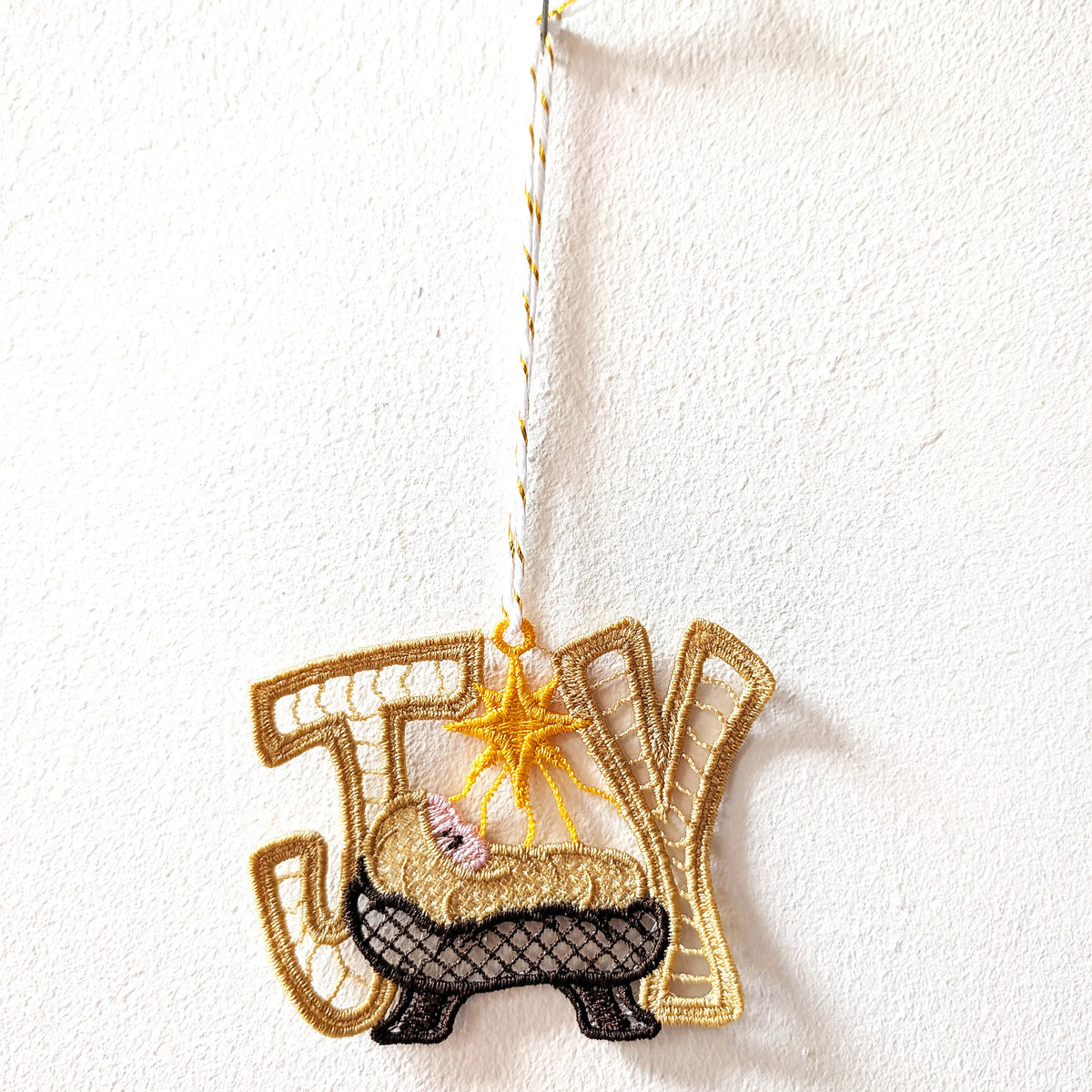 Hanging Joy lace Christmas decoration, freestanding Christian decor