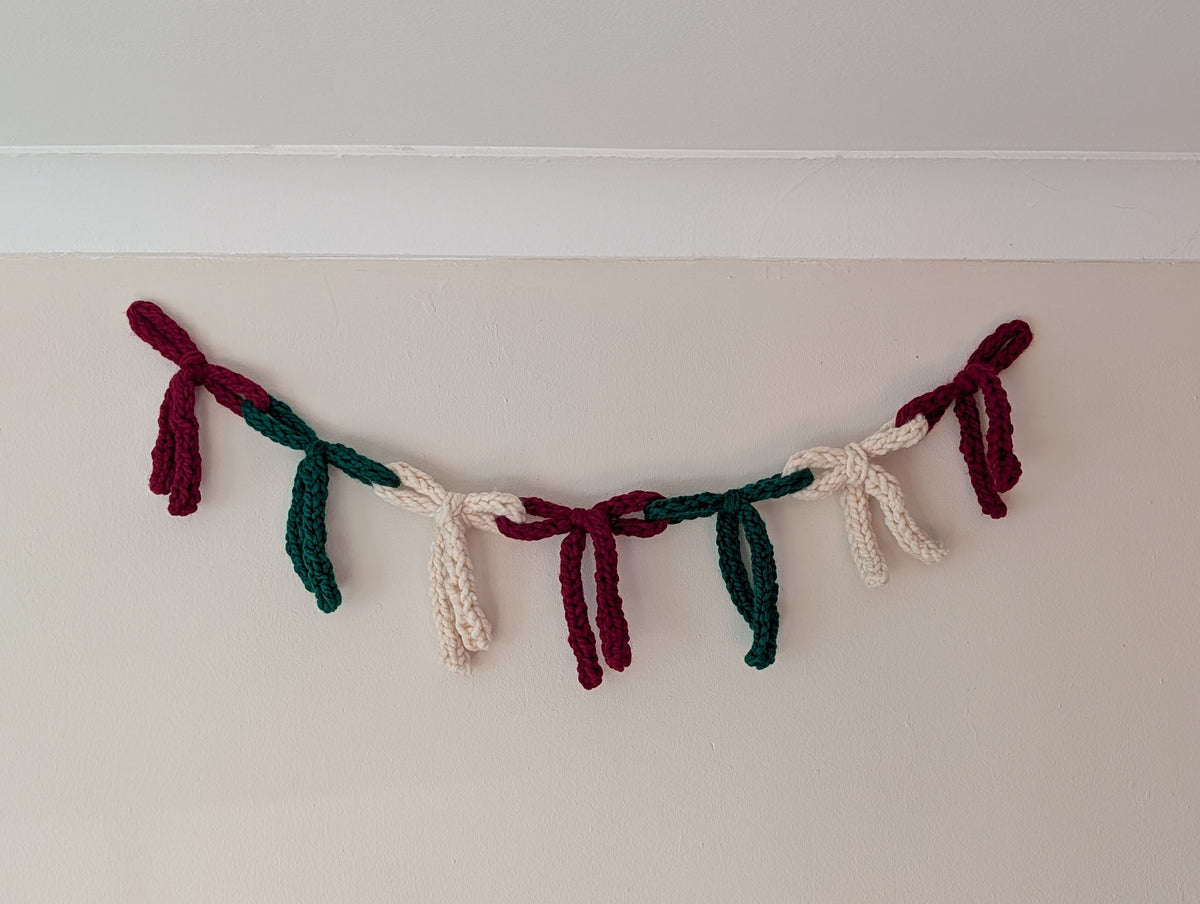 Chunky Bow Garland Crocheted, maroon green and cream