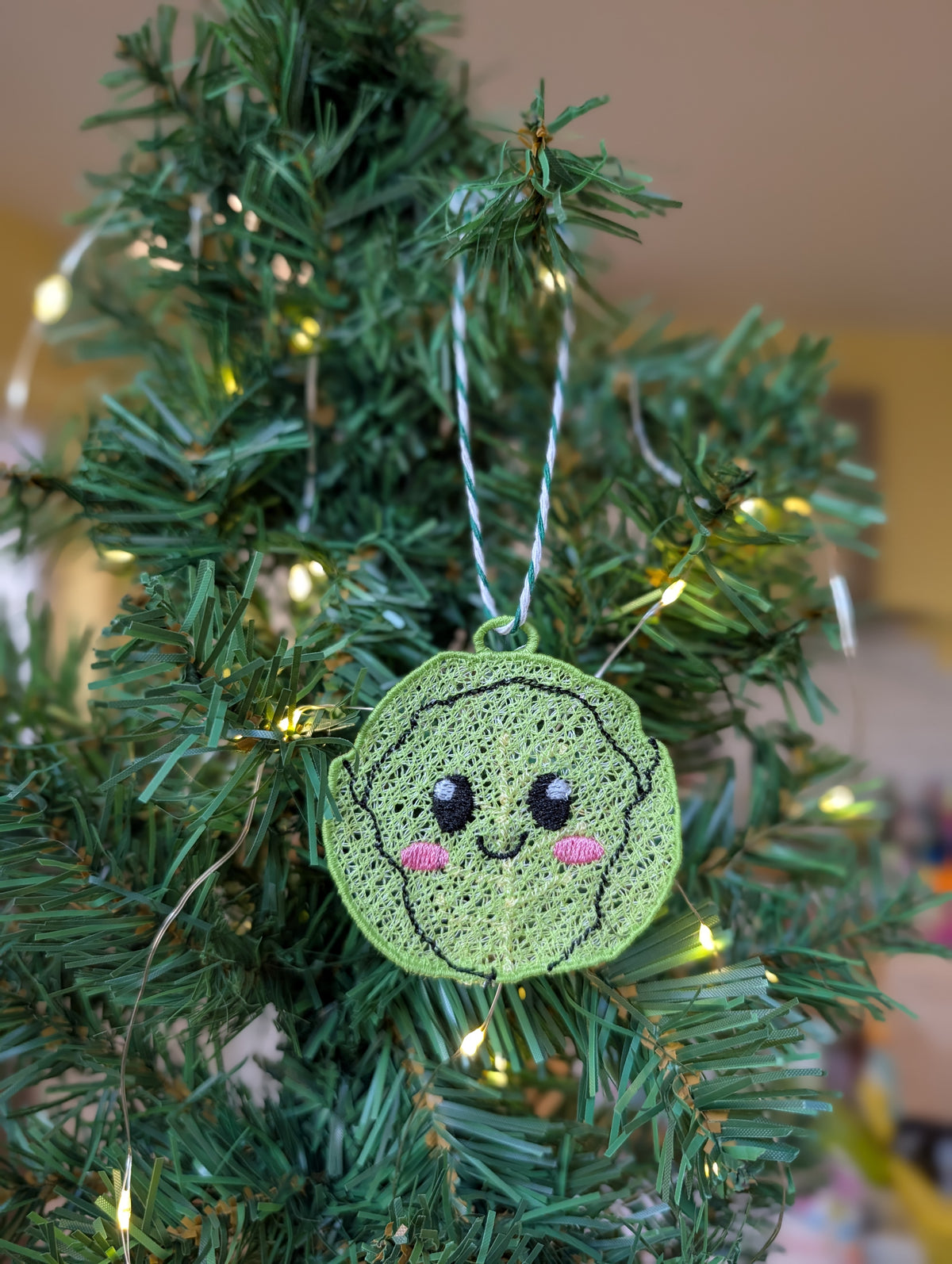 Embroidered Brussels Sprout Christmas Ornament, Kawaii Hanging Tree Decor,