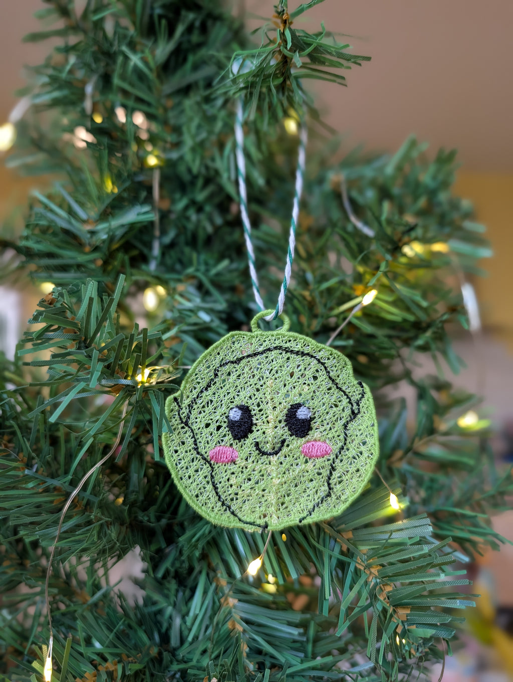 Embroidered Brussels Sprout Christmas Ornament, Kawaii Hanging Tree Decor,