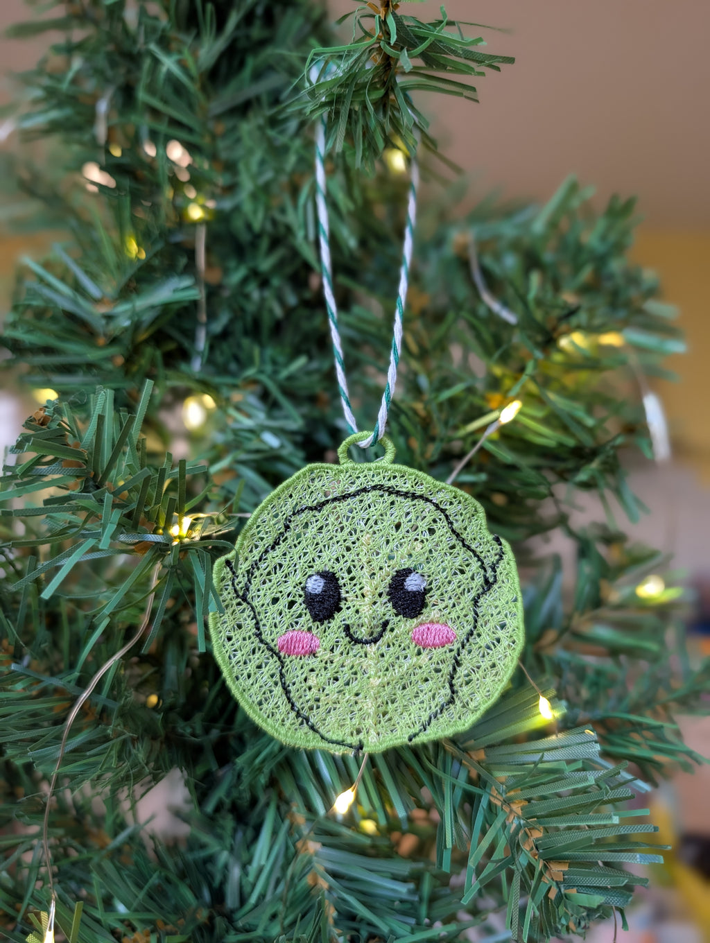 Embroidered Brussels Sprout Christmas Ornament, Kawaii Hanging Tree Decor,