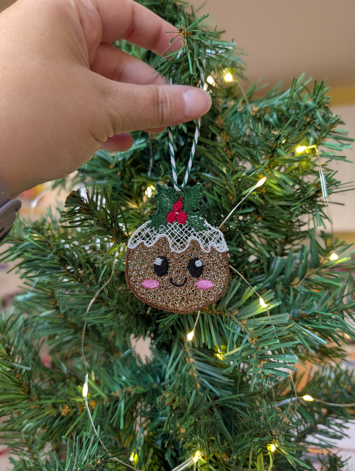Freestanding Lace Christmas Pudding Ornament, Cute Kawaii Xmas Pudding Bauble, Embroidered Holiday Food Tree Decor