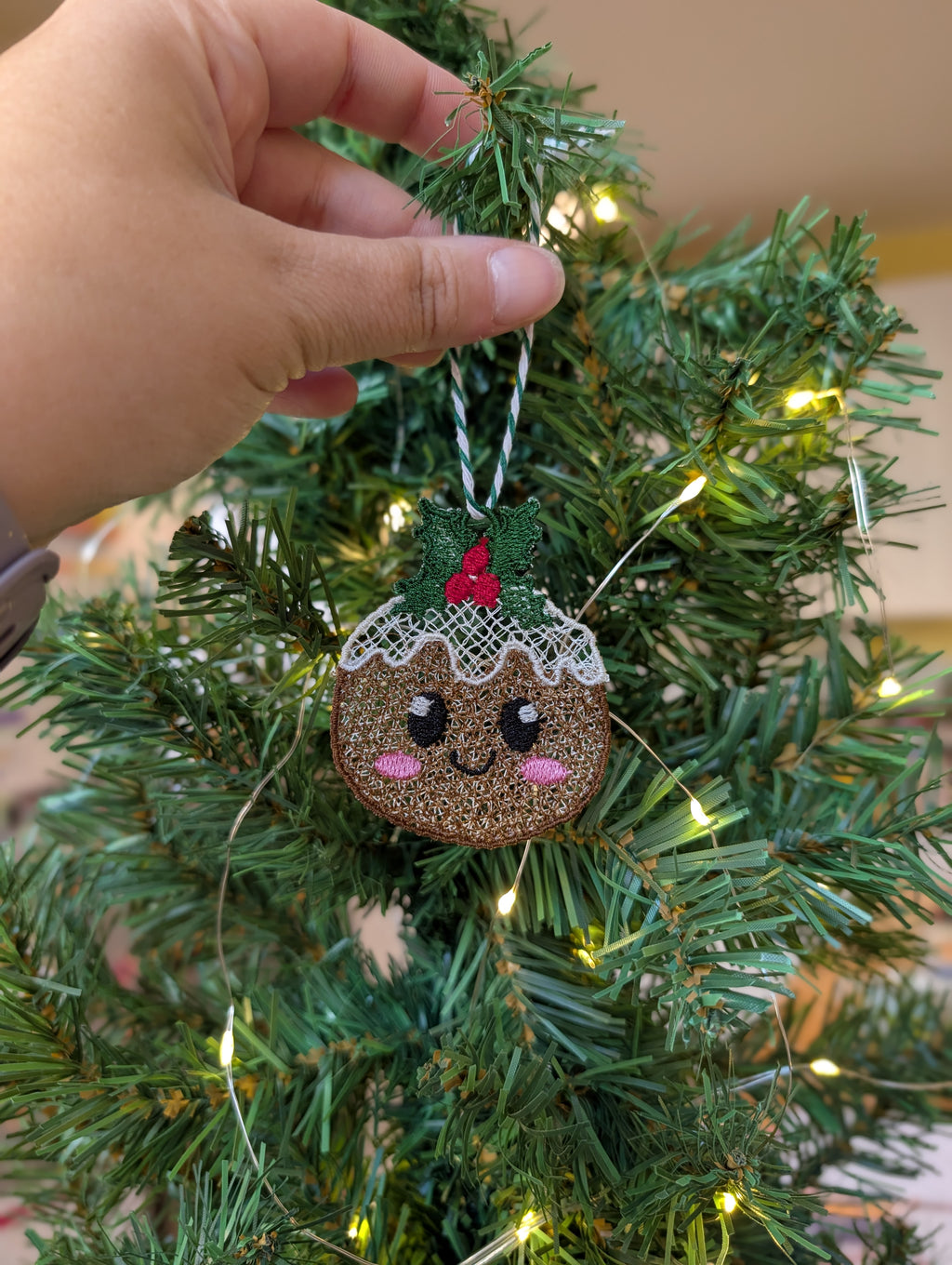 Freestanding Lace Christmas Pudding Ornament, Cute Kawaii Xmas Pudding Bauble, Embroidered Holiday Food Tree Decor