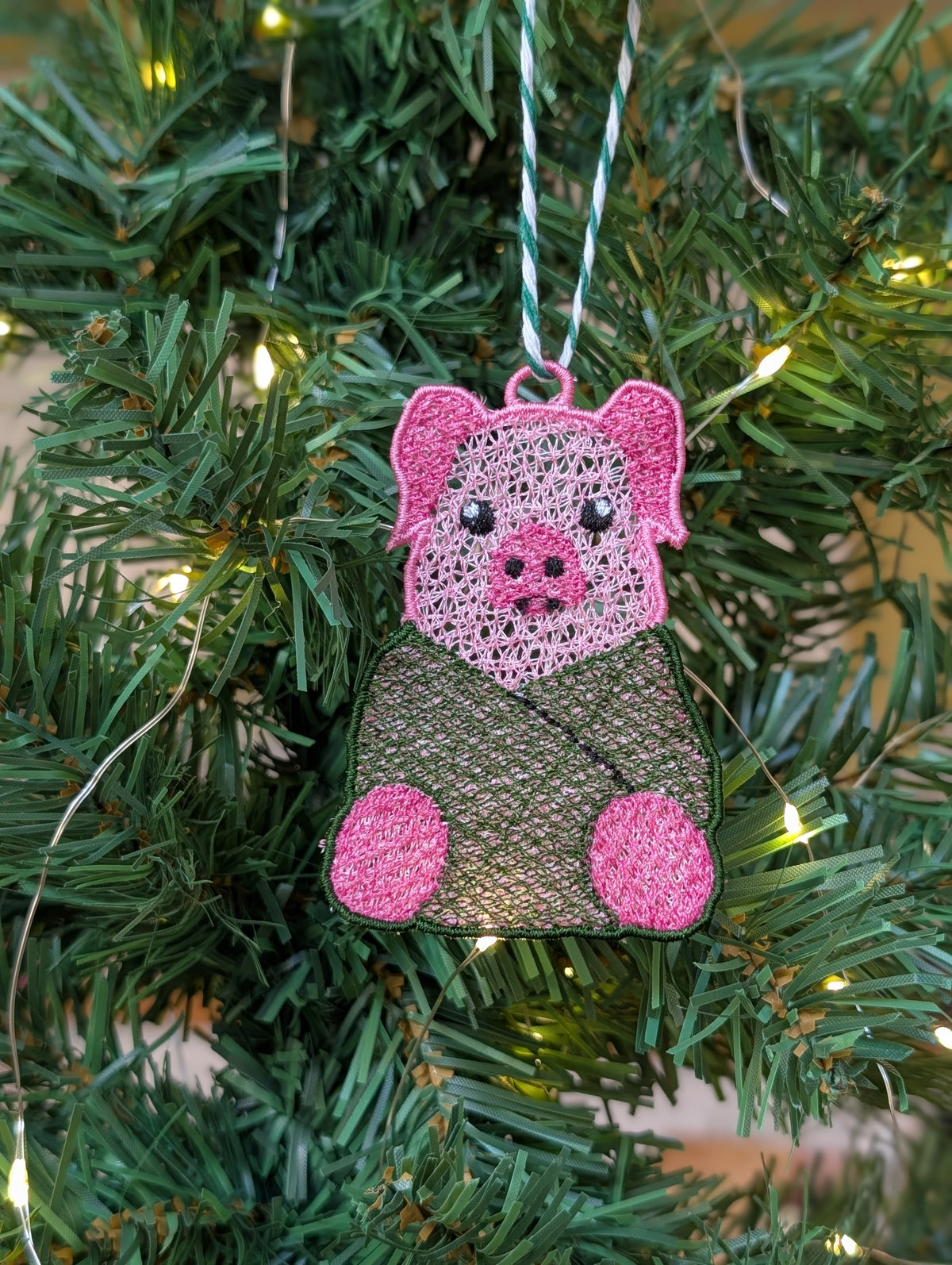 Freestanding Lace Pig in a Blanket Ornament, Embroidered Pig Bauble, Funny Christmas Food Decor