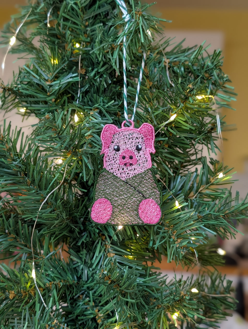 Freestanding Lace Pig in a Blanket Ornament, Embroidered Pig Bauble, Funny Christmas Food Decor
