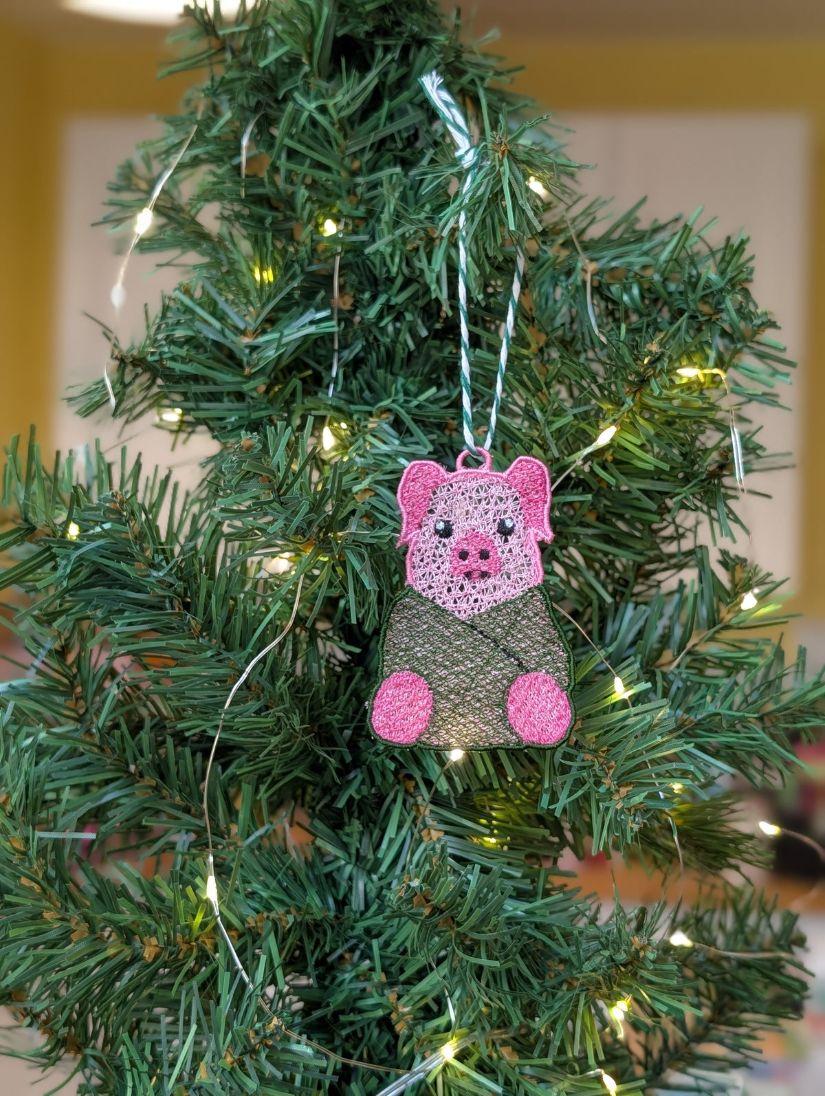 Freestanding Lace Pig in a Blanket Ornament, Embroidered Pig Bauble, Funny Christmas Food Decor
