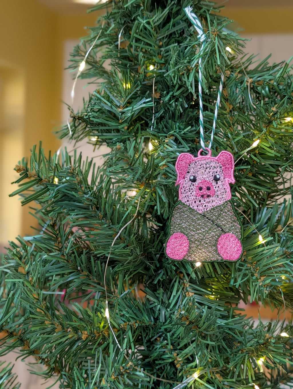 Freestanding Lace Pig in a Blanket Ornament, Embroidered Pig Bauble, Funny Christmas Food Decor