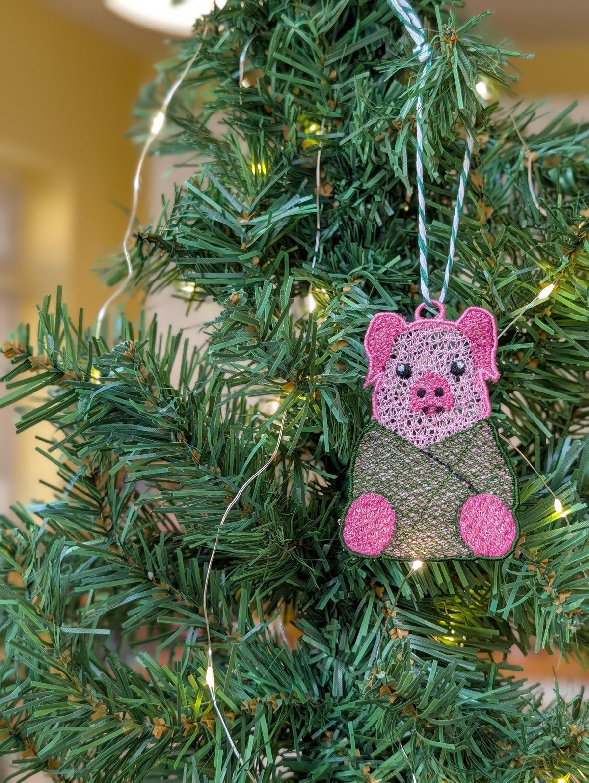 Freestanding Lace Pig in a Blanket Ornament, Embroidered Pig Bauble, Funny Christmas Food Decor