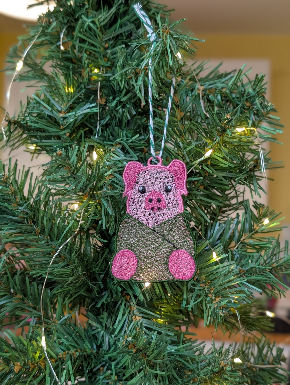 Freestanding Lace Pig in a Blanket Ornament, Embroidered Pig Bauble, Funny Christmas Food Decor