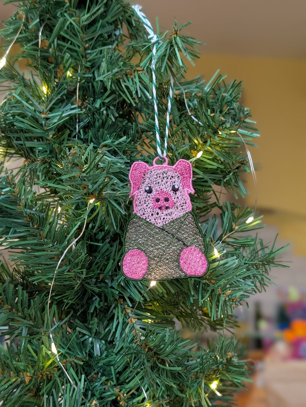 Freestanding Lace Pig in a Blanket Ornament, Embroidered Pig Bauble, Funny Christmas Food Decor