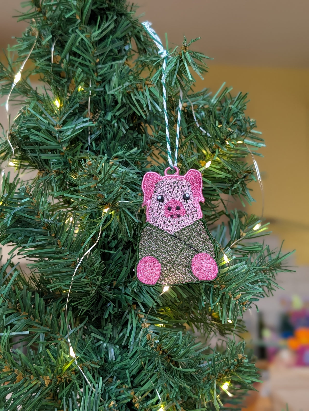 Freestanding Lace Pig in a Blanket Ornament, Embroidered Pig Bauble, Funny Christmas Food Decor