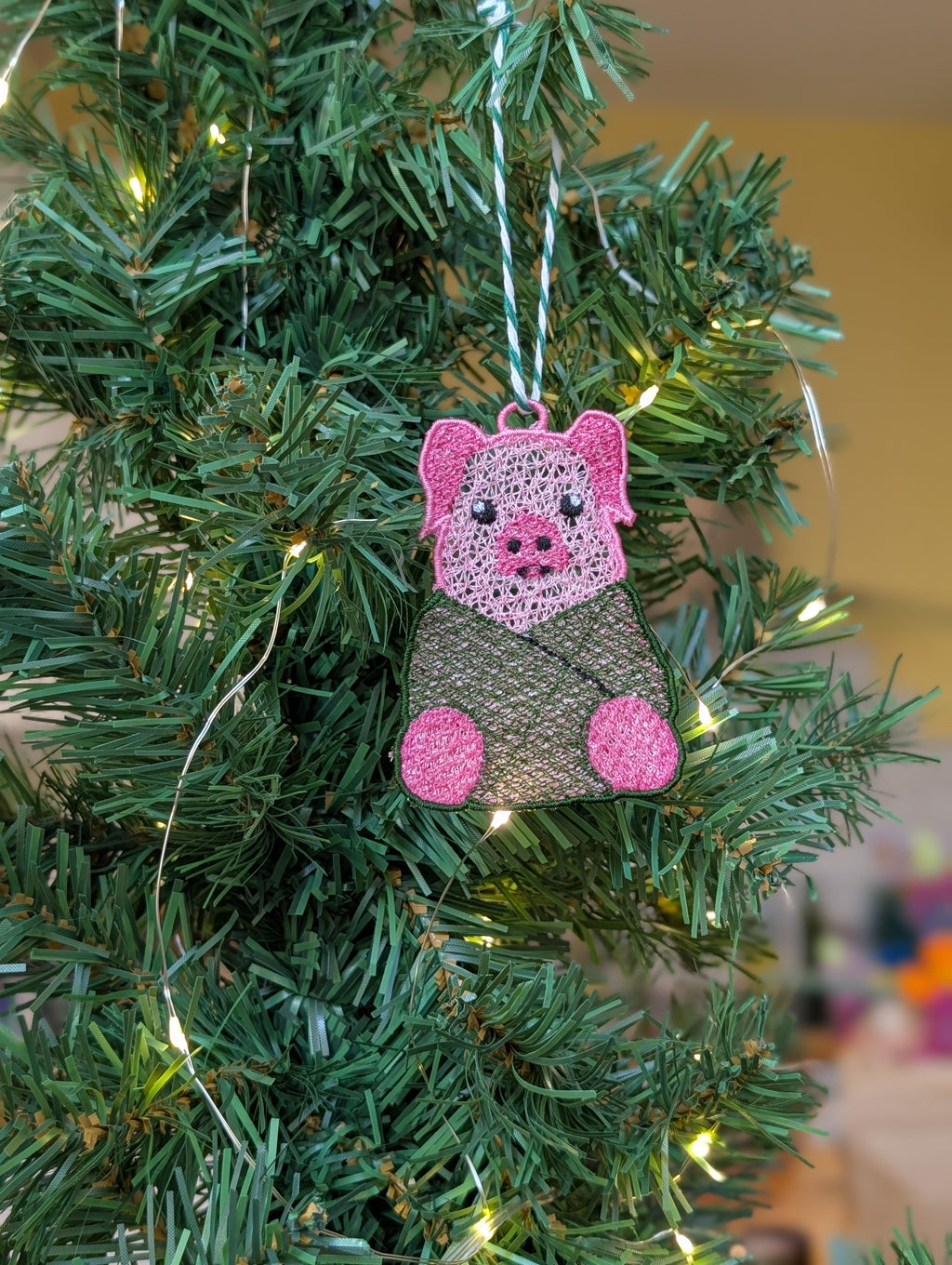 Freestanding Lace Pig in a Blanket Ornament, Embroidered Pig Bauble, Funny Christmas Food Decor