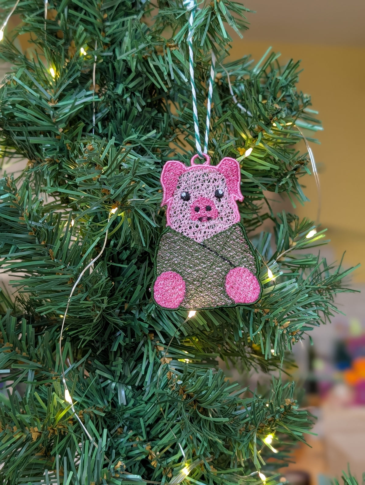 Freestanding Lace Pig in a Blanket Ornament, Embroidered Pig Bauble, Funny Christmas Food Decor