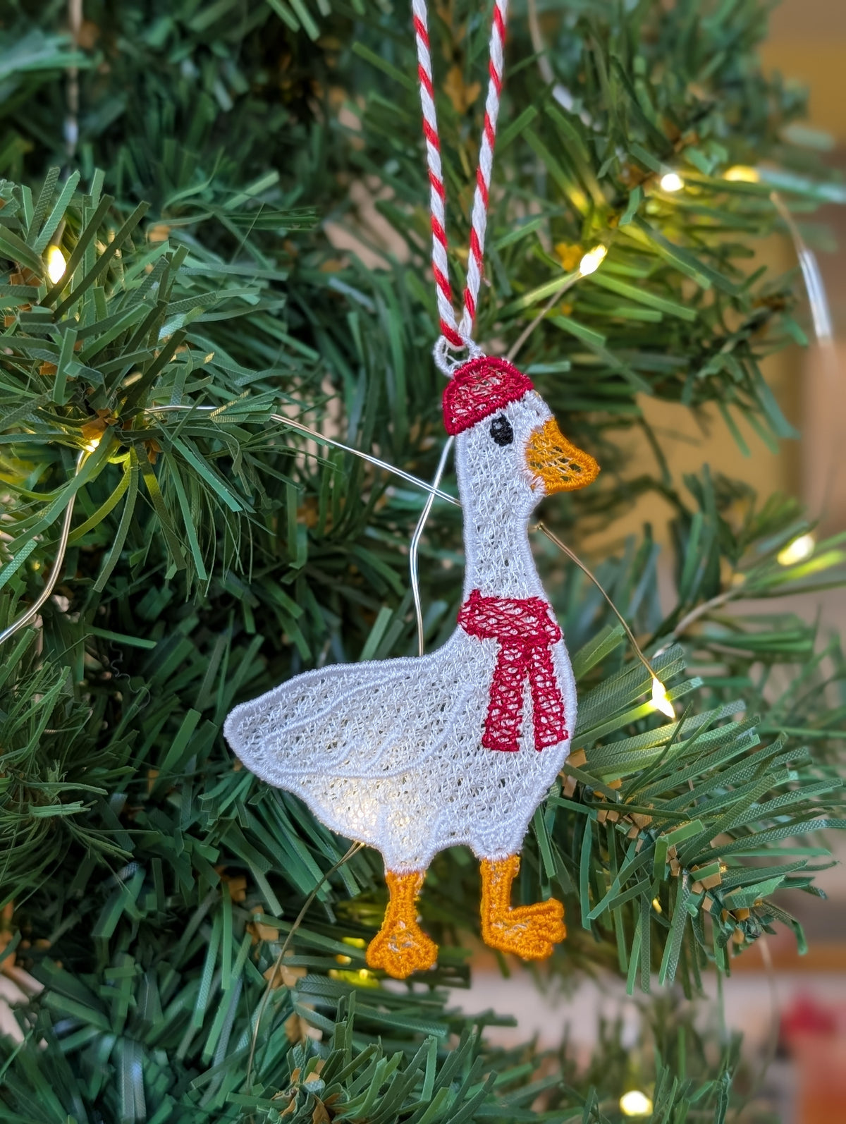 Freestanding Lace Goose Christmas Ornament, Embroidered Duck in Scarf Bauble, Festive Goose Tree Decoration