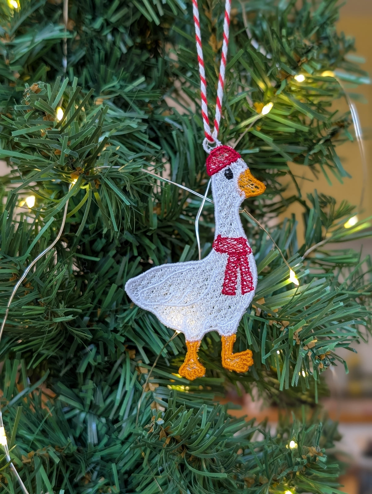 Freestanding Lace Goose Christmas Ornament, Embroidered Duck in Scarf Bauble, Festive Goose Tree Decoration