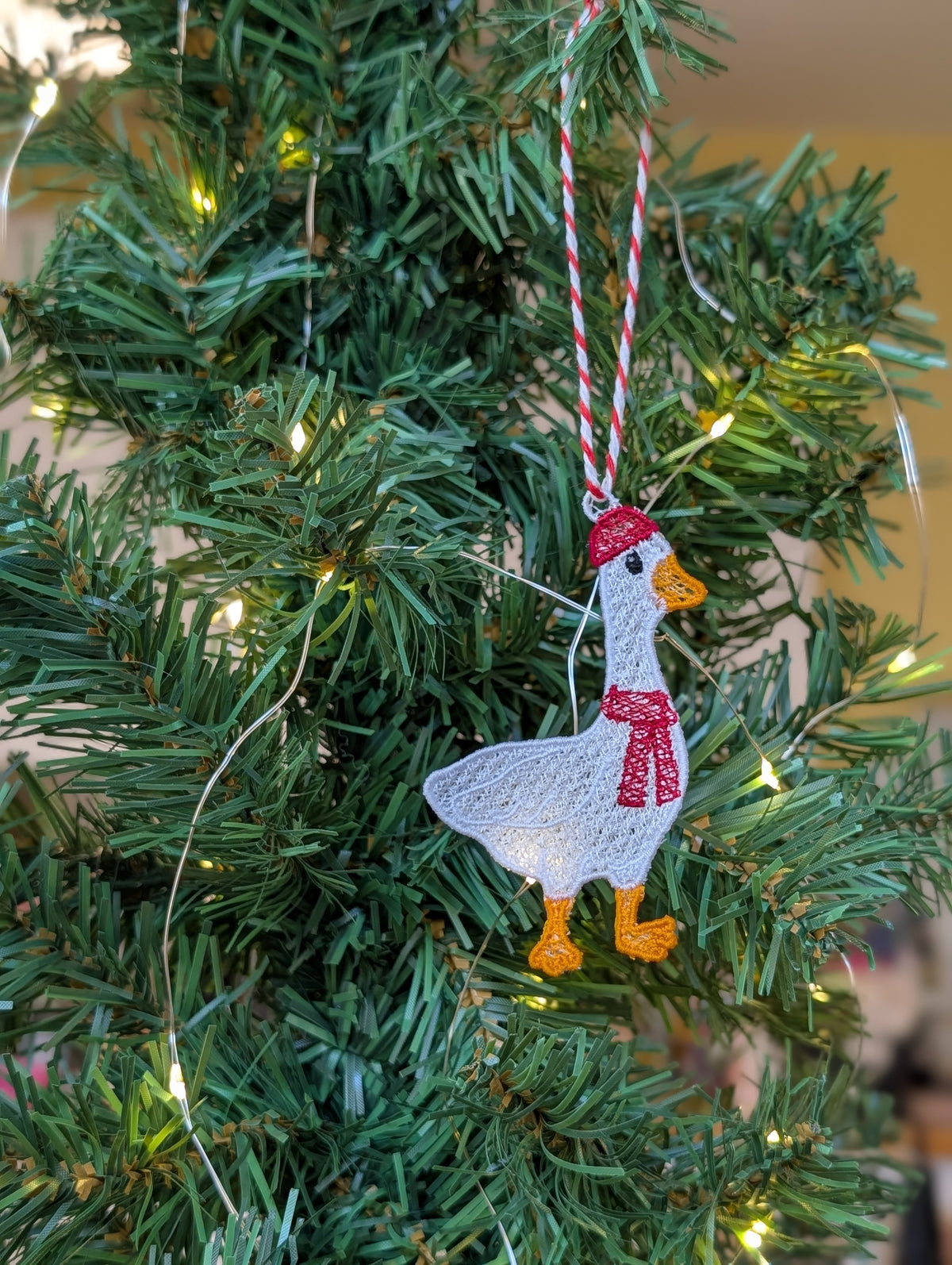 Freestanding Lace Goose Christmas Ornament, Embroidered Duck in Scarf Bauble, Festive Goose Tree Decoration
