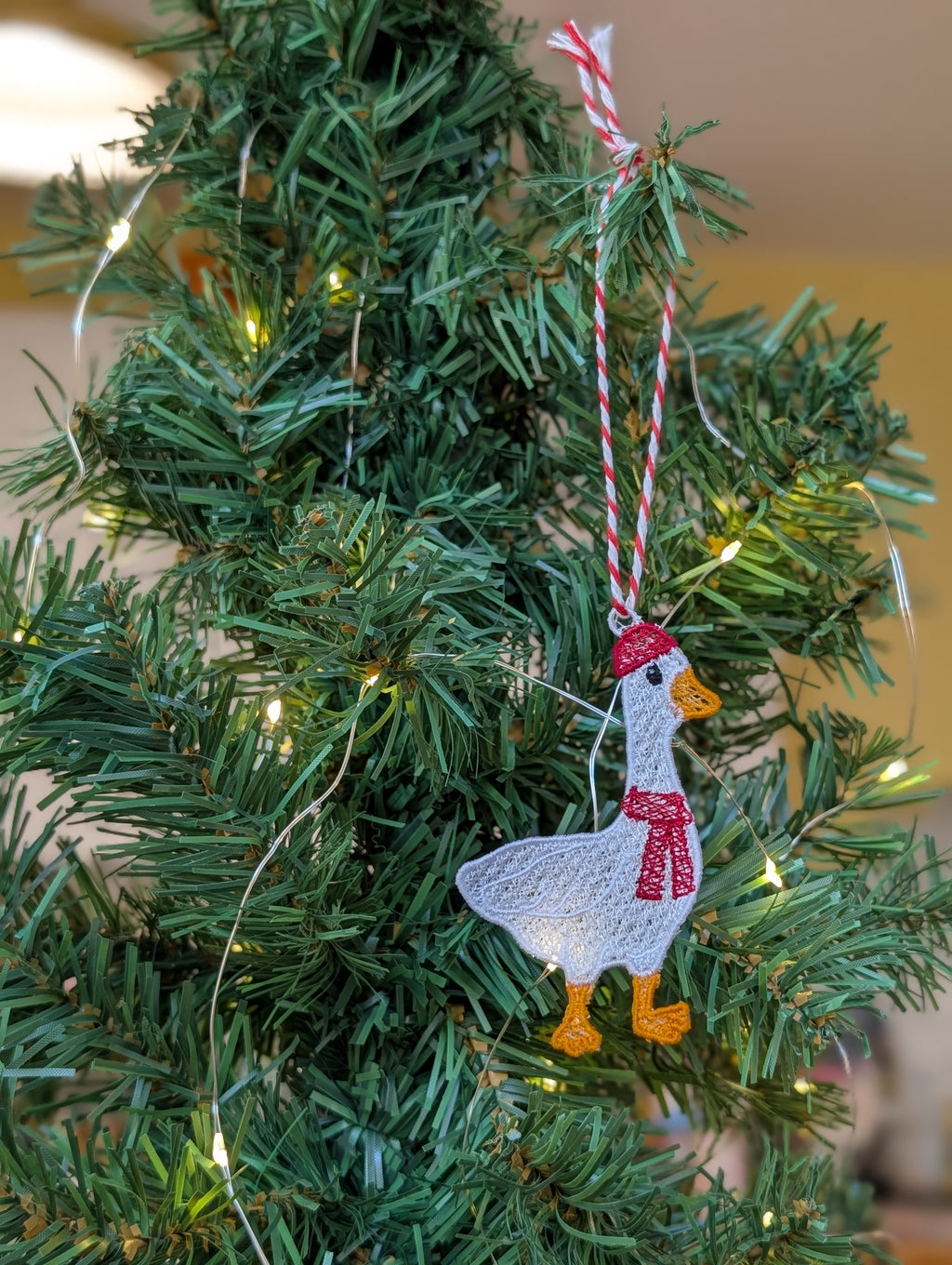 Freestanding Lace Goose Christmas Ornament, Embroidered Duck in Scarf Bauble, Festive Goose Tree Decoration