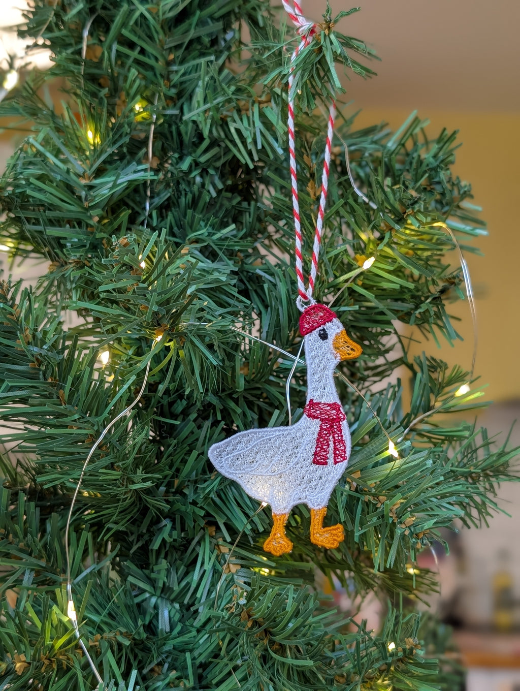 Freestanding Lace Goose Christmas Ornament, Embroidered Duck in Scarf Bauble, Festive Goose Tree Decoration