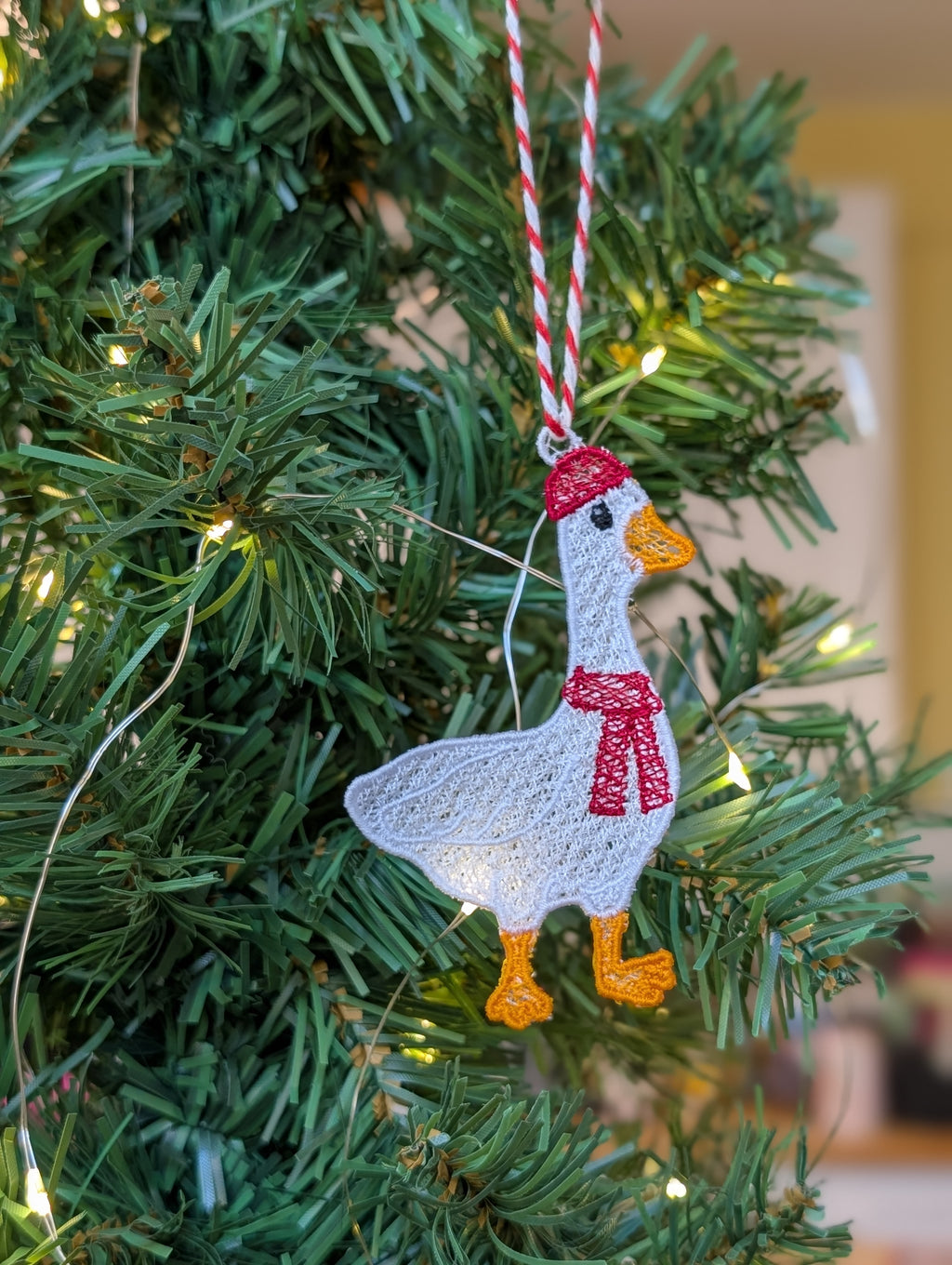 Freestanding Lace Goose Christmas Ornament, Embroidered Duck in Scarf Bauble, Festive Goose Tree Decoration