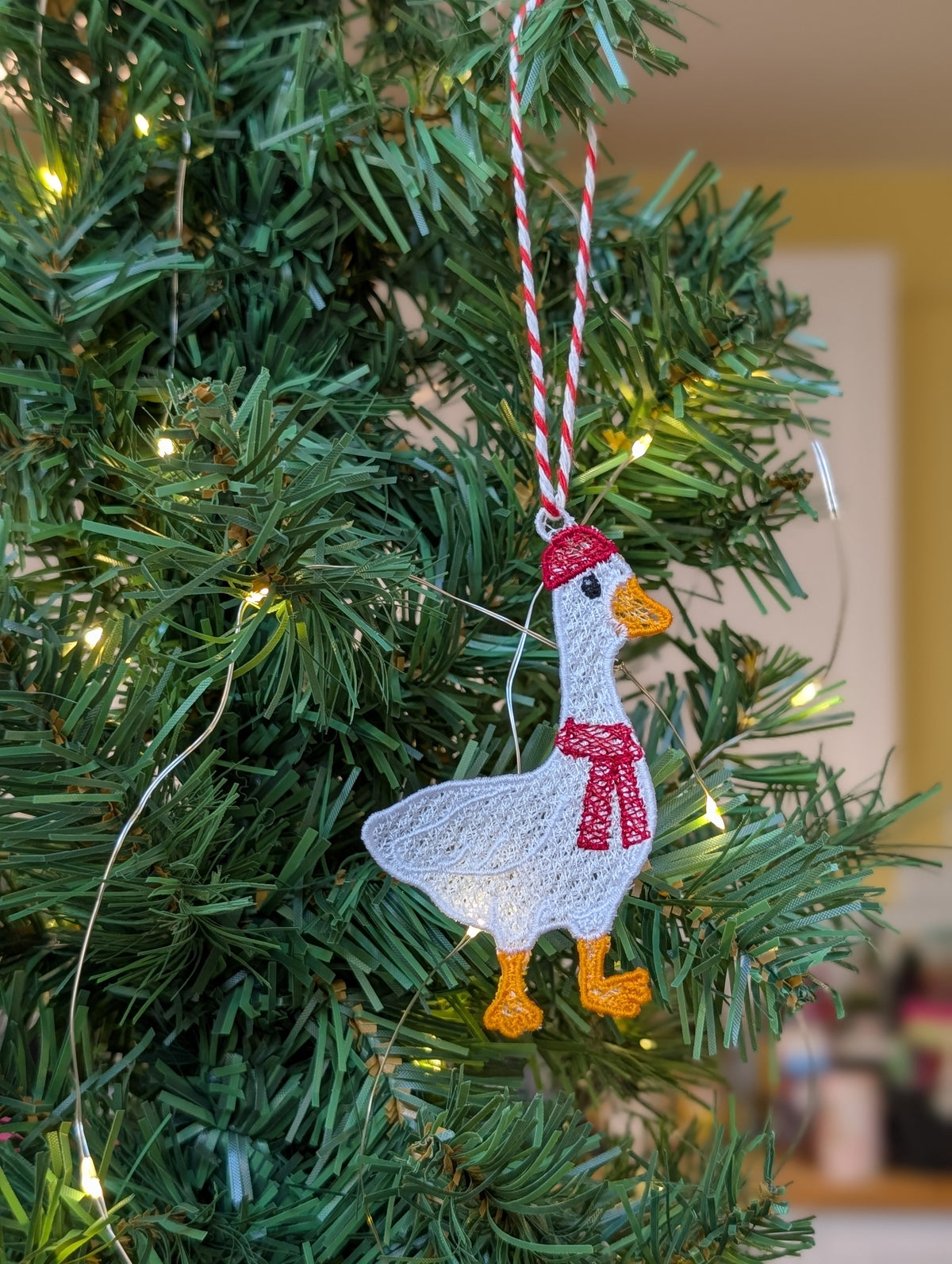 Freestanding Lace Goose Christmas Ornament, Embroidered Duck in Scarf Bauble, Festive Goose Tree Decoration