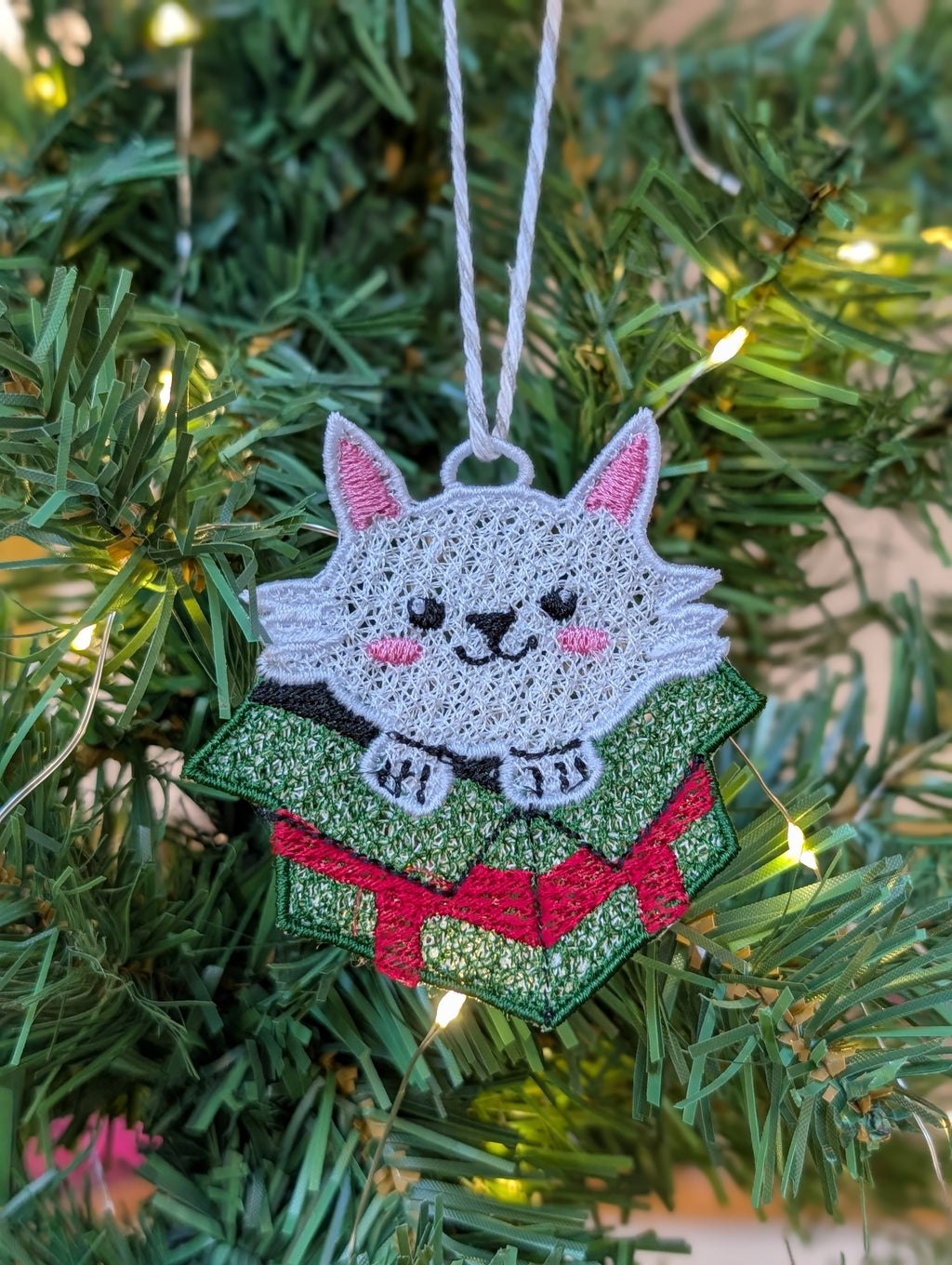 Embroidered Cat in Gift Box Ornament, Cute Kawaii Kitten Tree Decor, Festive Pet Keepsake