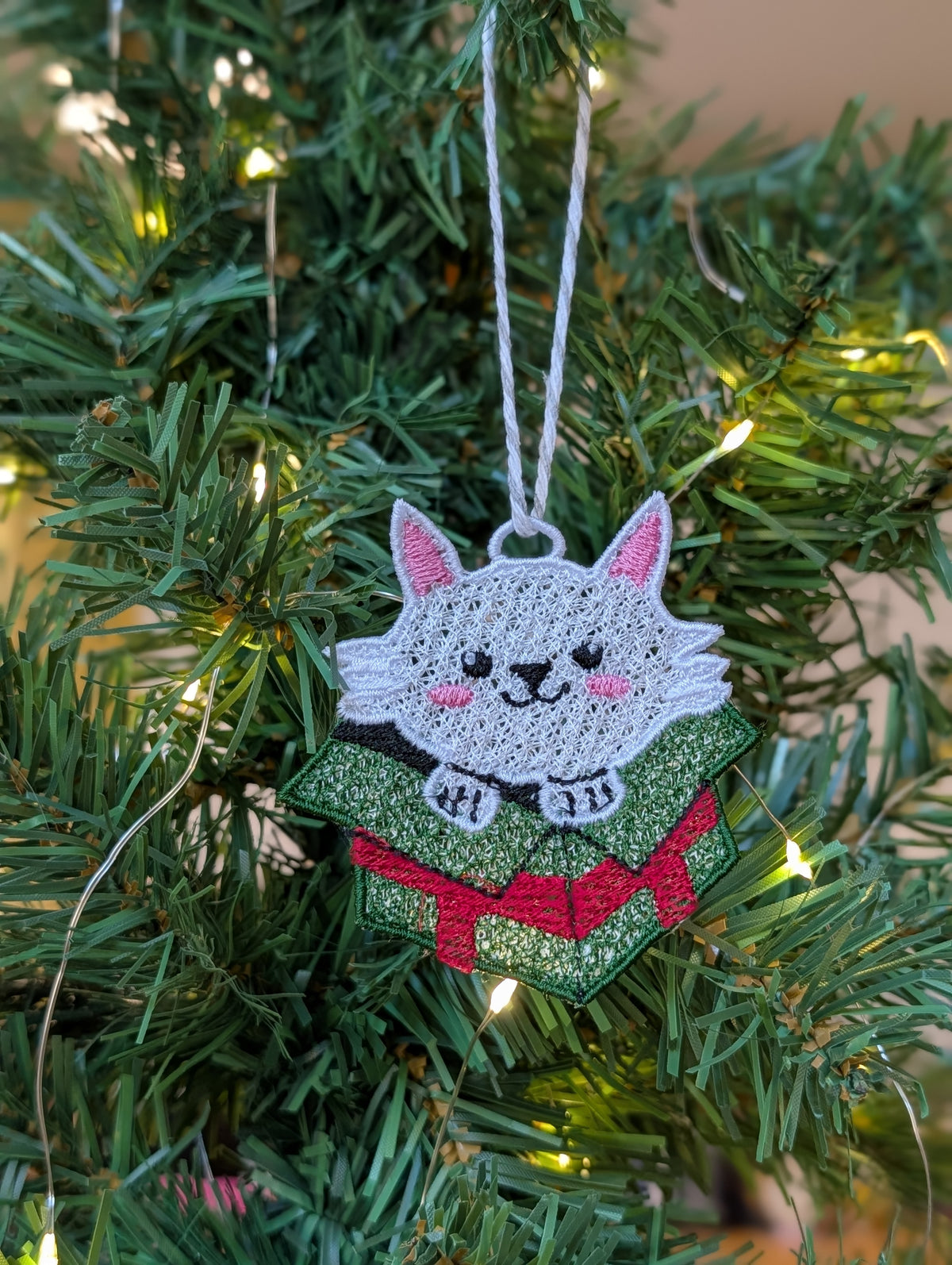 Embroidered Cat in Gift Box Ornament, Cute Kawaii Kitten Tree Decor, Festive Pet Keepsake