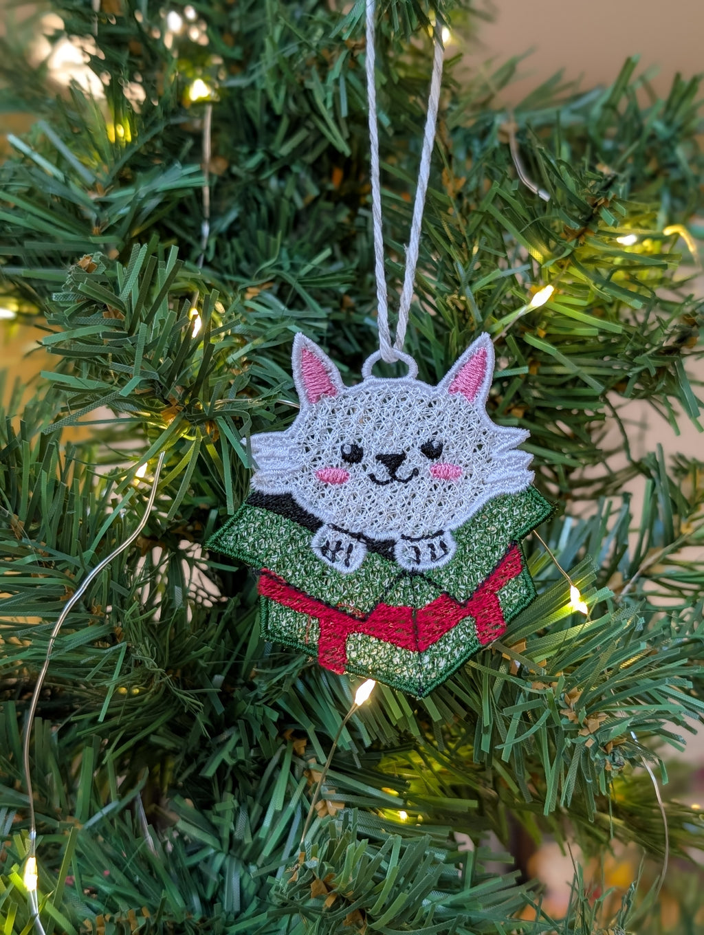 Embroidered Cat in Gift Box Ornament, Cute Kawaii Kitten Tree Decor, Festive Pet Keepsake