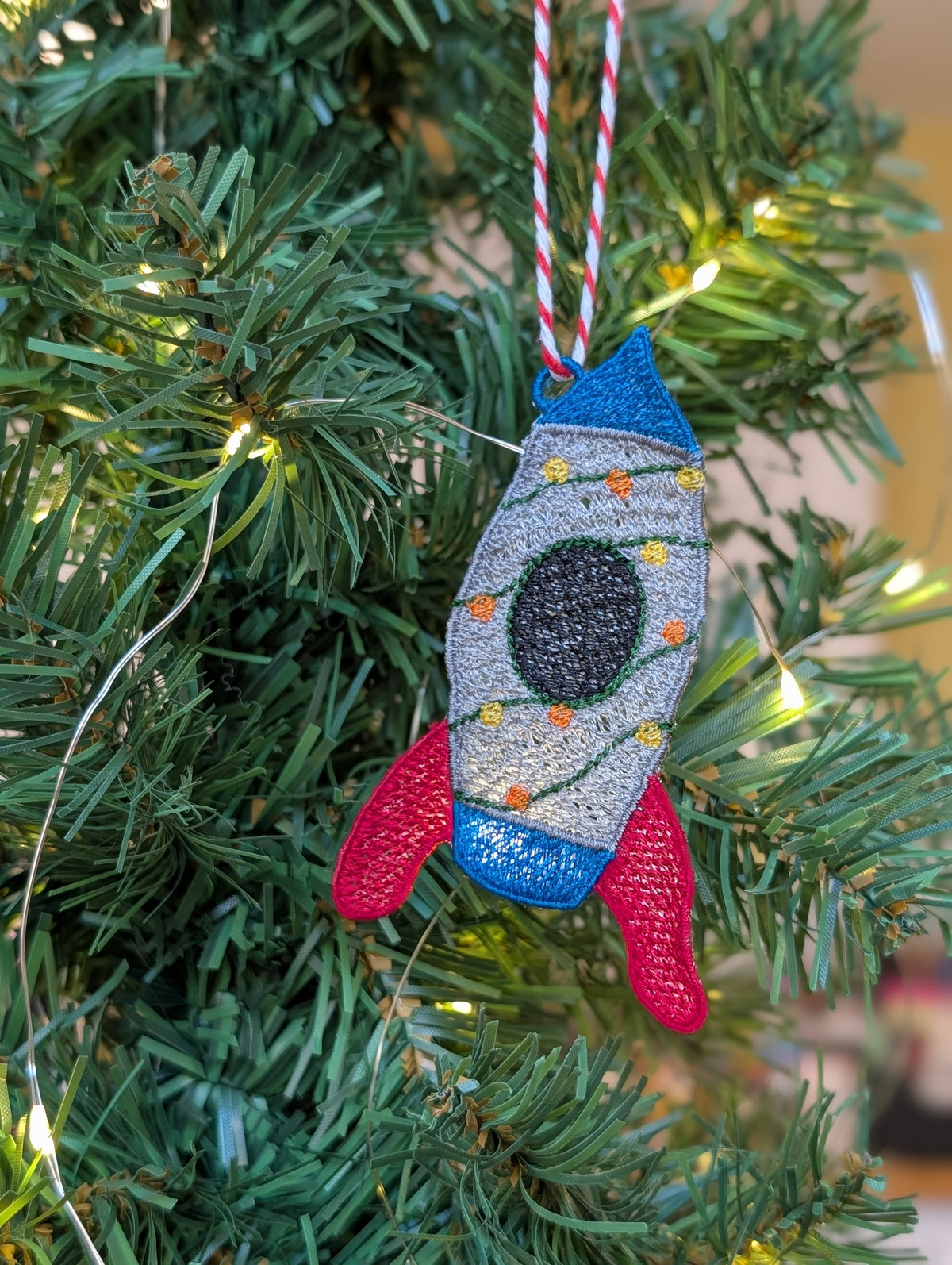 Embroidered Rocket Christmas Ornament, Space Ship Bauble with Fairy Lights, Retro Sci-Fi Tree Decoration