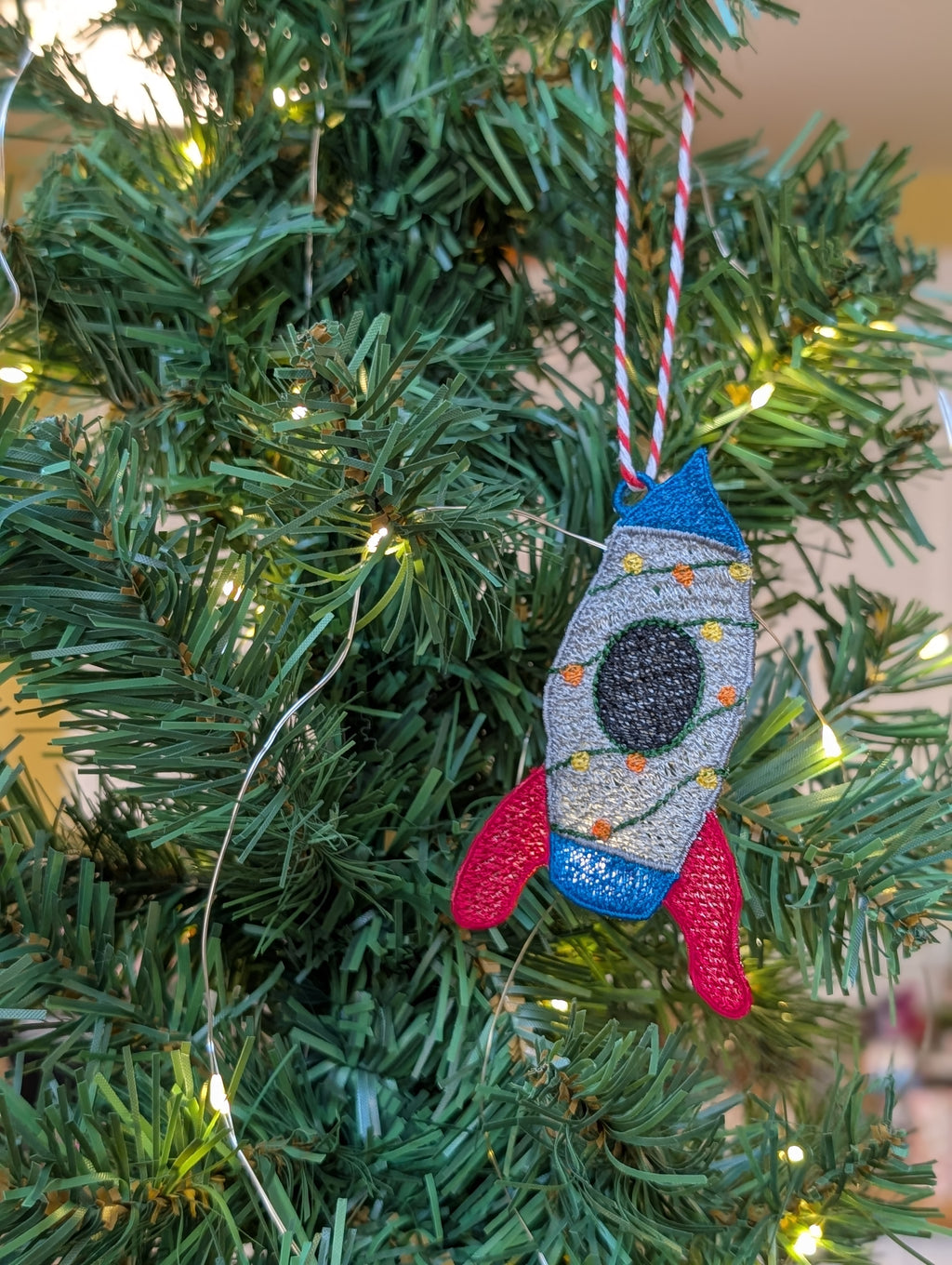 Embroidered Rocket Christmas Ornament, Space Ship Bauble with Fairy Lights, Retro Sci-Fi Tree Decoration