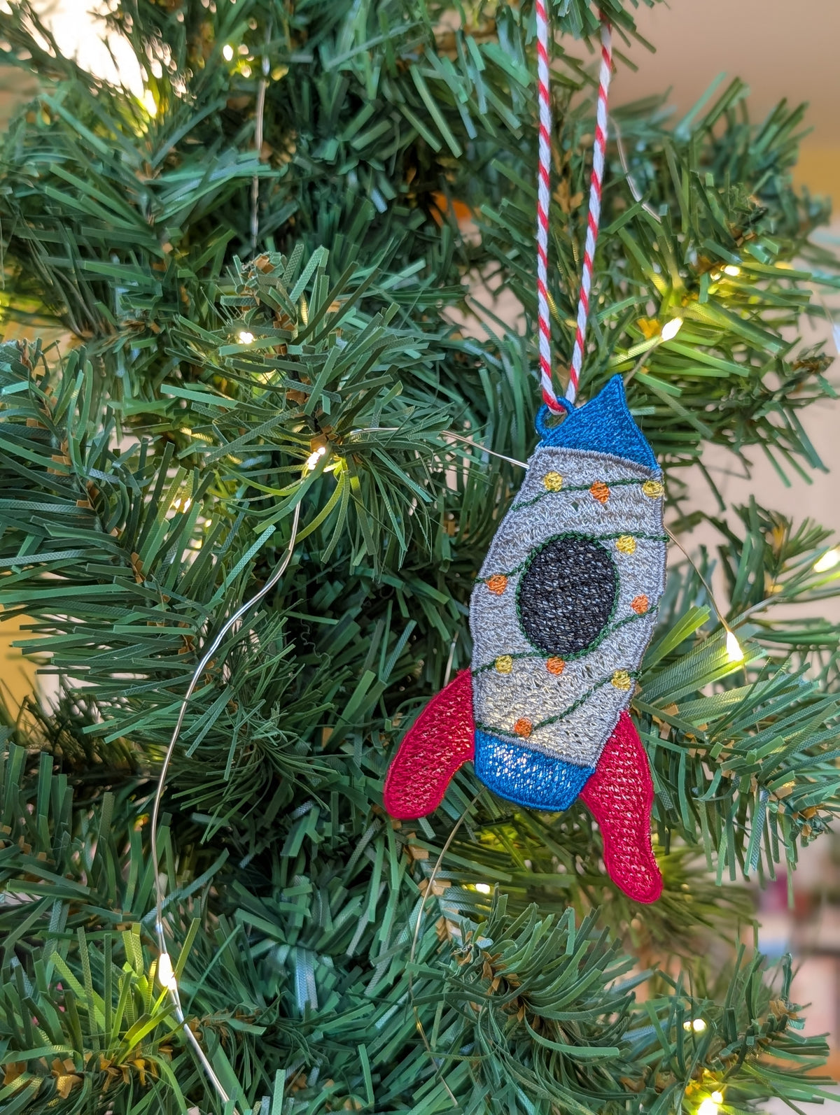 Embroidered Rocket Christmas Ornament, Space Ship Bauble with Fairy Lights, Retro Sci-Fi Tree Decoration