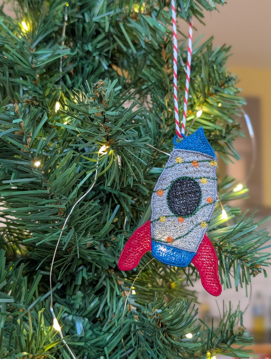 Embroidered Rocket Christmas Ornament, Space Ship Bauble with Fairy Lights, Retro Sci-Fi Tree Decoration