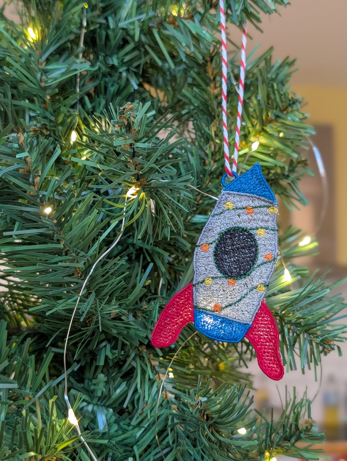 Embroidered Rocket Christmas Ornament, Space Ship Bauble with Fairy Lights, Retro Sci-Fi Tree Decoration