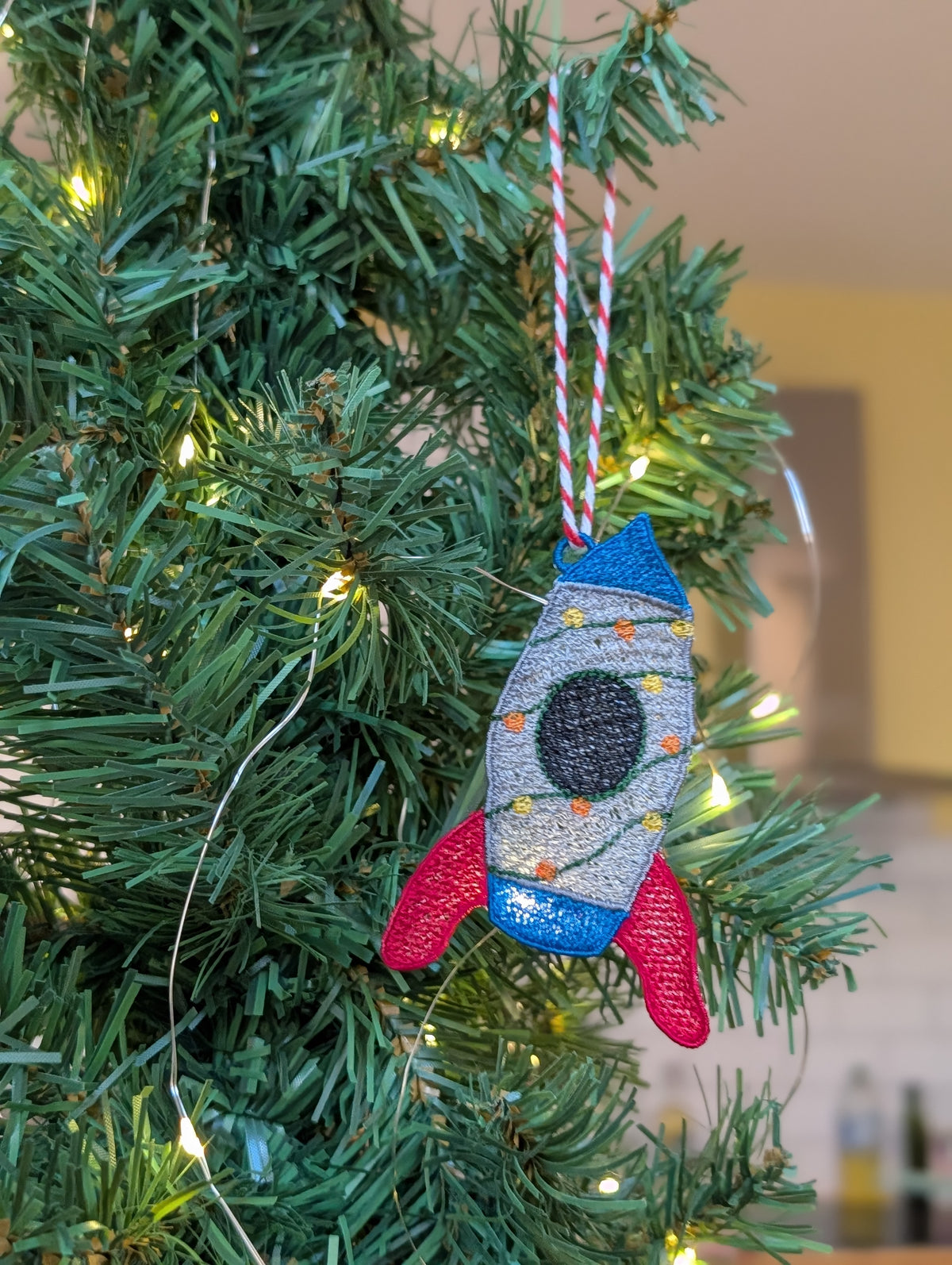 Embroidered Rocket Christmas Ornament, Space Ship Bauble with Fairy Lights, Retro Sci-Fi Tree Decoration