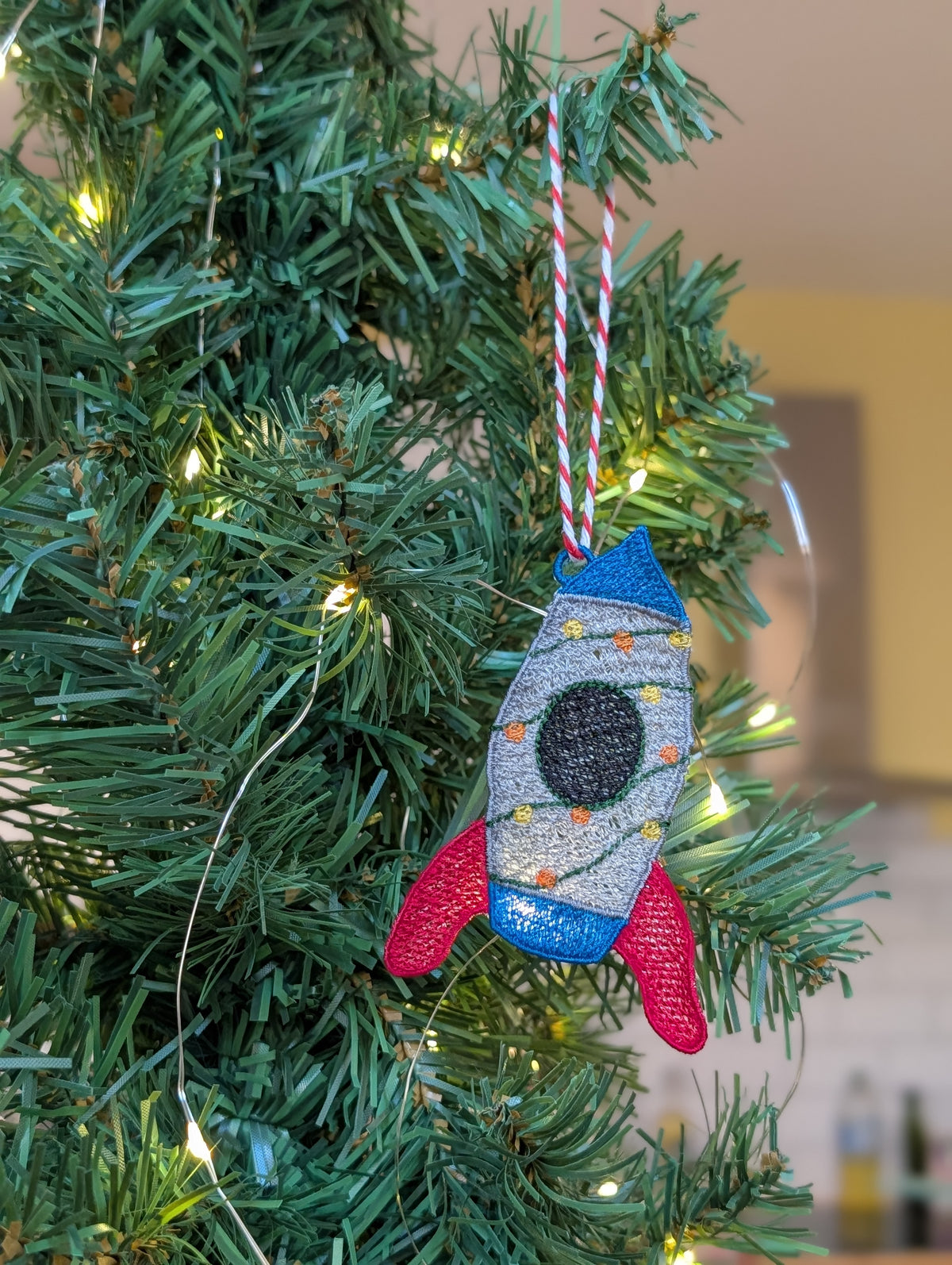 Embroidered Rocket Christmas Ornament, Space Ship Bauble with Fairy Lights, Retro Sci-Fi Tree Decoration