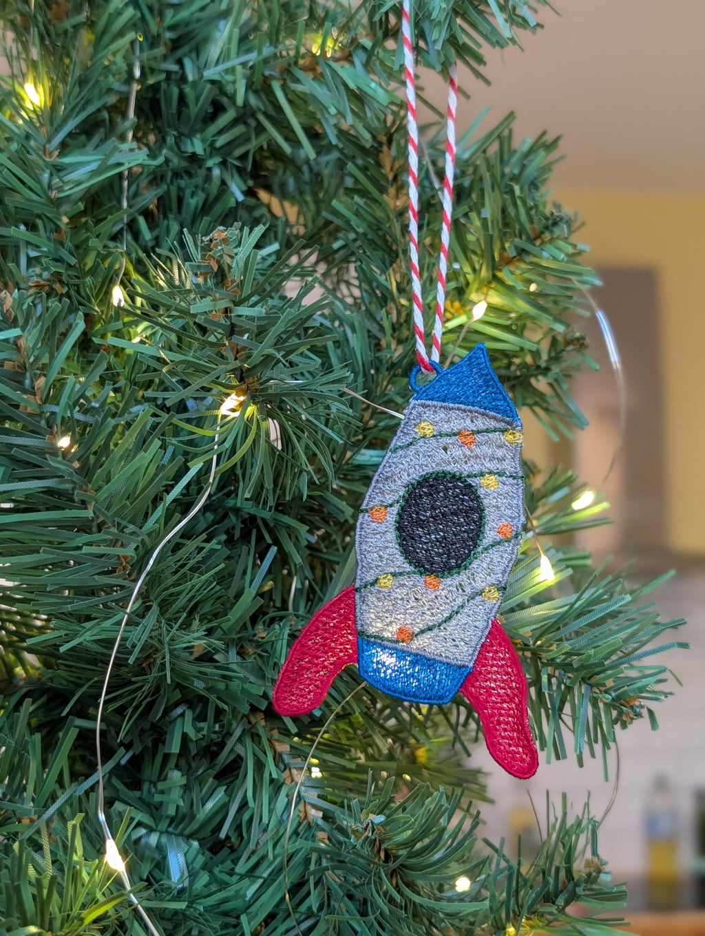 Embroidered Rocket Christmas Ornament, Space Ship Bauble with Fairy Lights, Retro Sci-Fi Tree Decoration
