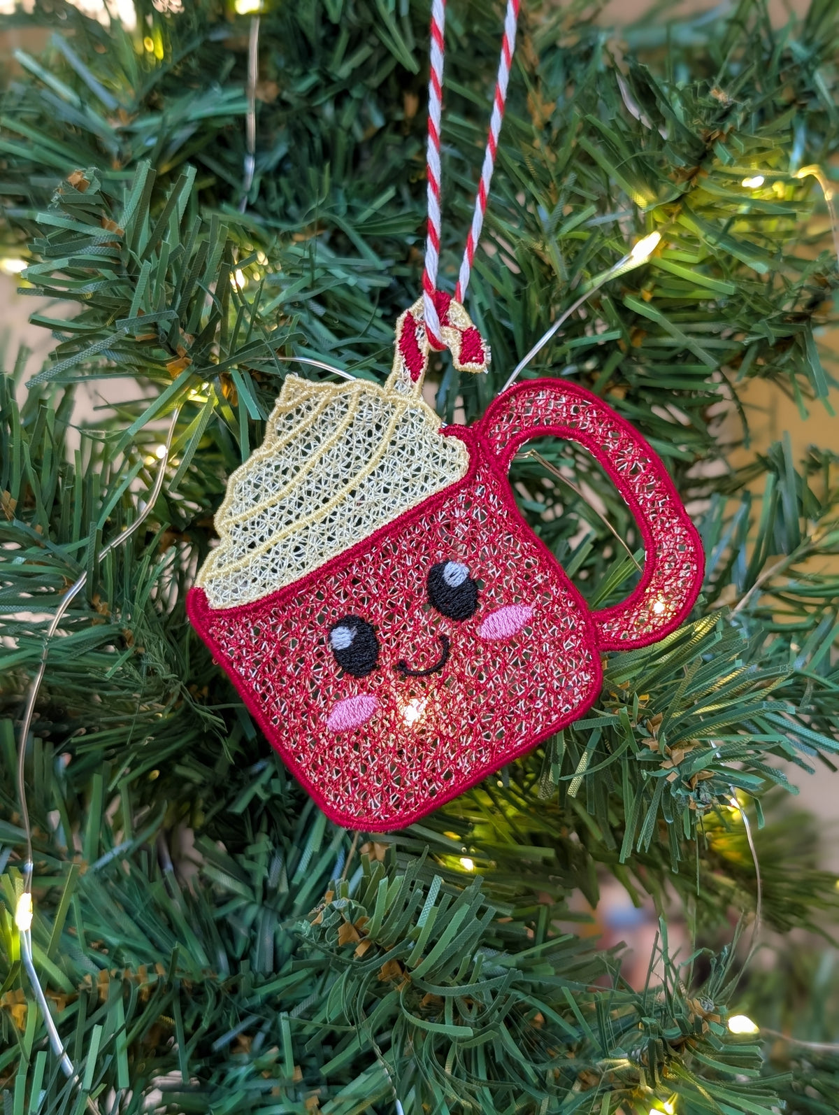 Embroidered Hot Chocolate Ornament, Cute Kawaii Cocoa Mug Tree Decor, Candy Cane Coffee Bauble