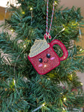 Embroidered Hot Chocolate Ornament, Cute Kawaii Cocoa Mug Tree Decor, Candy Cane Coffee Bauble