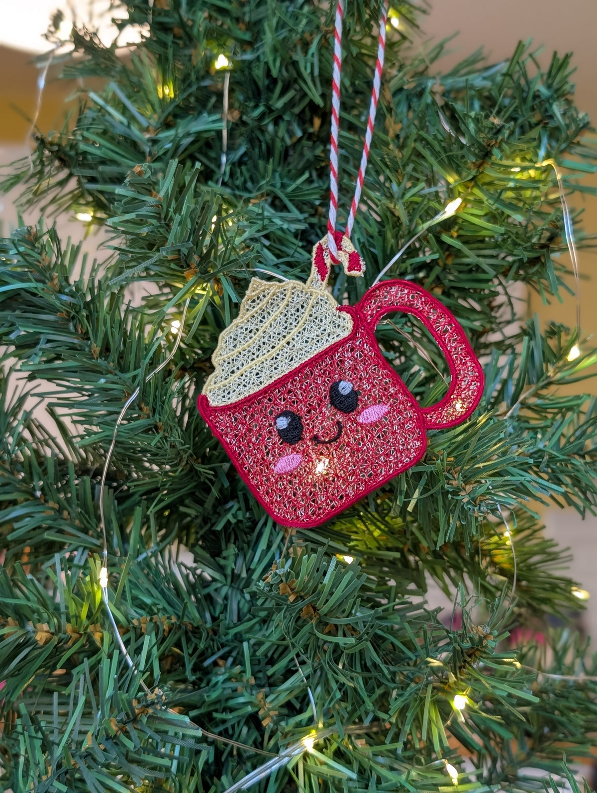 Embroidered Hot Chocolate Ornament, Cute Kawaii Cocoa Mug Tree Decor, Candy Cane Coffee Bauble