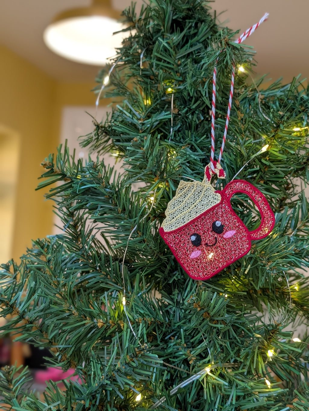 Embroidered Hot Chocolate Ornament, Cute Kawaii Cocoa Mug Tree Decor, Candy Cane Coffee Bauble