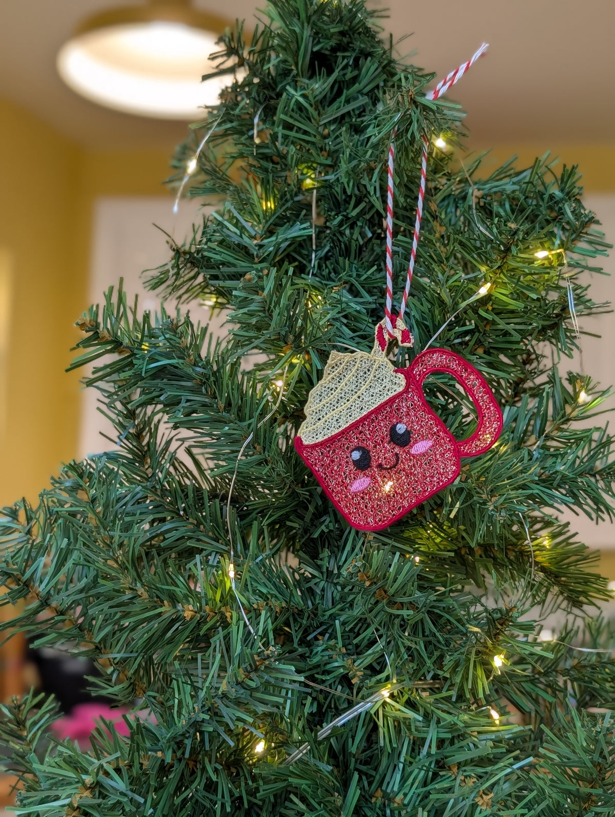 Embroidered Hot Chocolate Ornament, Cute Kawaii Cocoa Mug Tree Decor, Candy Cane Coffee Bauble